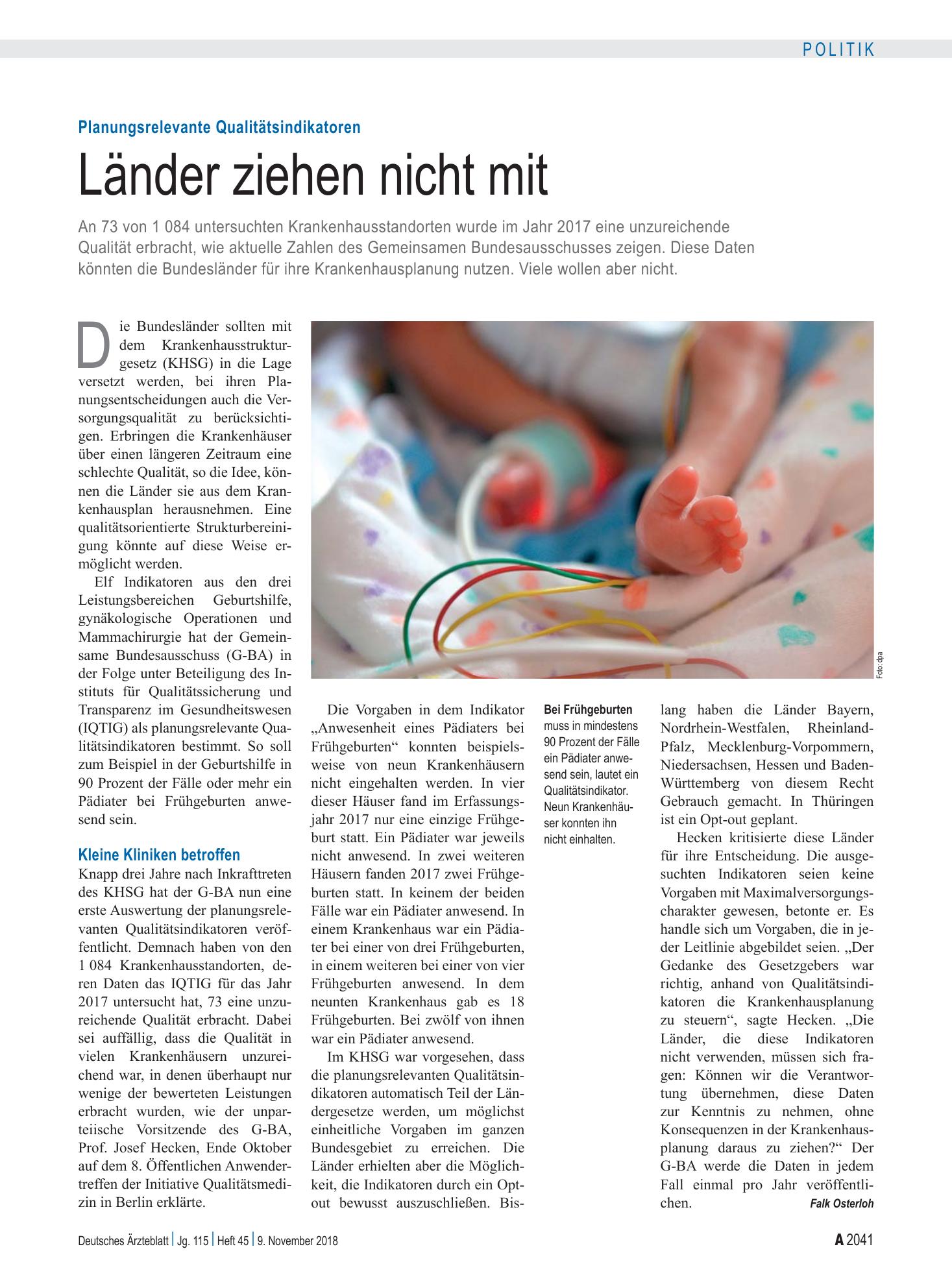 Vorschauseite 1: Planungsrelevante Qualitätsindikatoren: Länder ziehen nicht mit – Deutsches Ärzteblatt