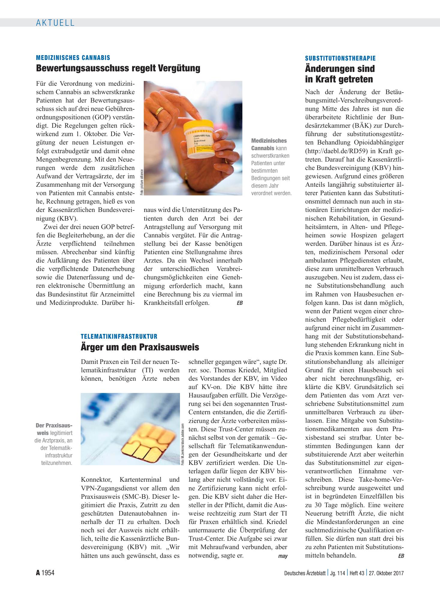 Vorschauseite 1: Medizinisches Cannabis: Bewertungsausschuss regelt Vergütung – Deutsches Ärzteblatt