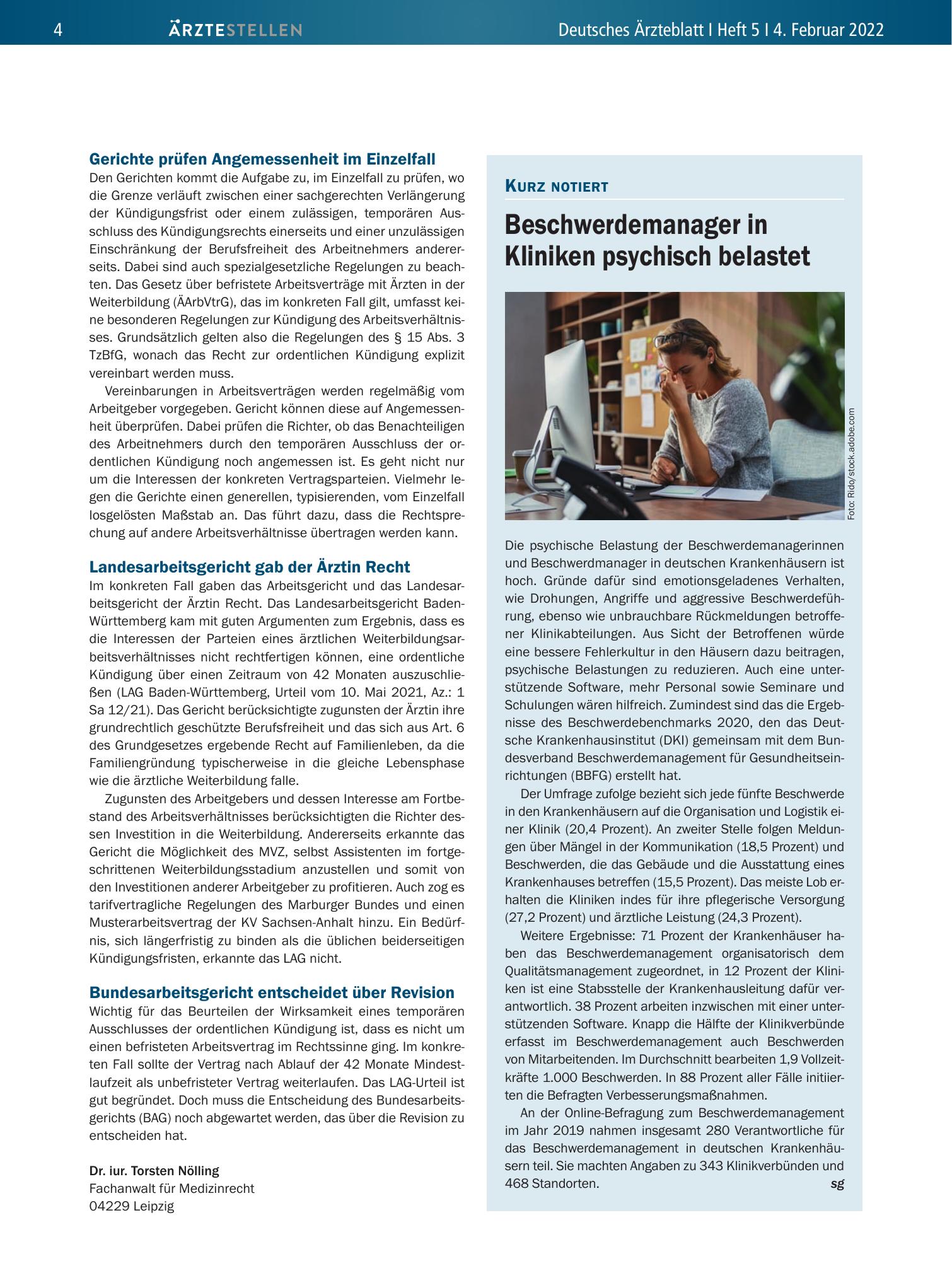 Vorschauseite 1: Beschwerdemanager in Kliniken psychisch belastet – Deutsches Ärzteblatt