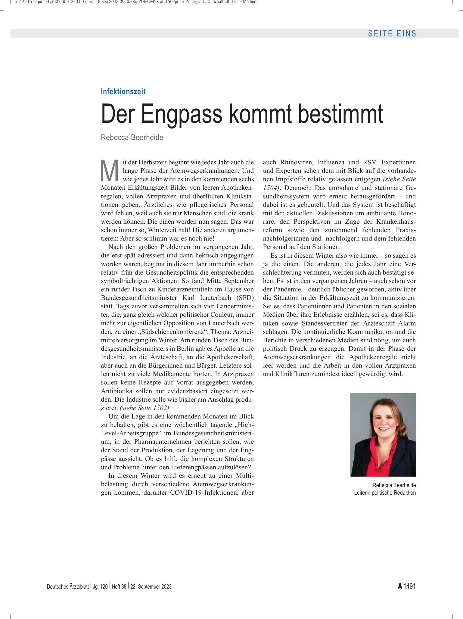 Vorschauseite 1: Infektionszeit: Der Engpass kommt bestimmt – Deutsches Ärzteblatt