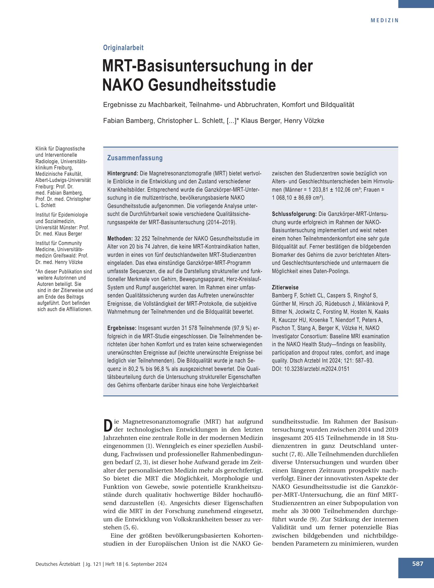 Vorschauseite 1: MRT-Basisuntersuchung in der NAKO Gesundheitsstudie – Deutsches Ärzteblatt