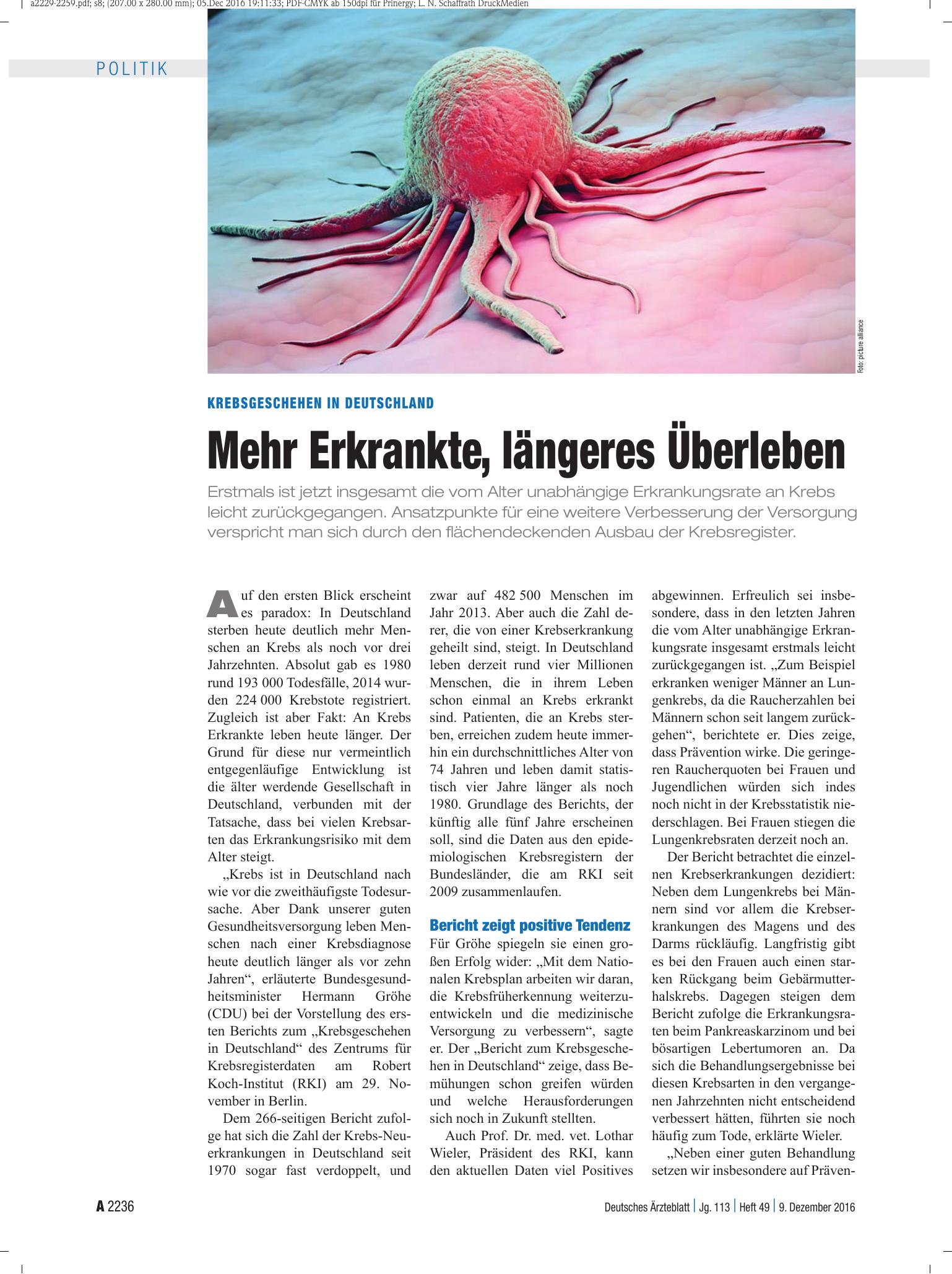 Vorschauseite 1: Krebsgeschehen in Deutschland: Mehr Erkrankte, längeres Überleben – Deutsches Ärzteblatt