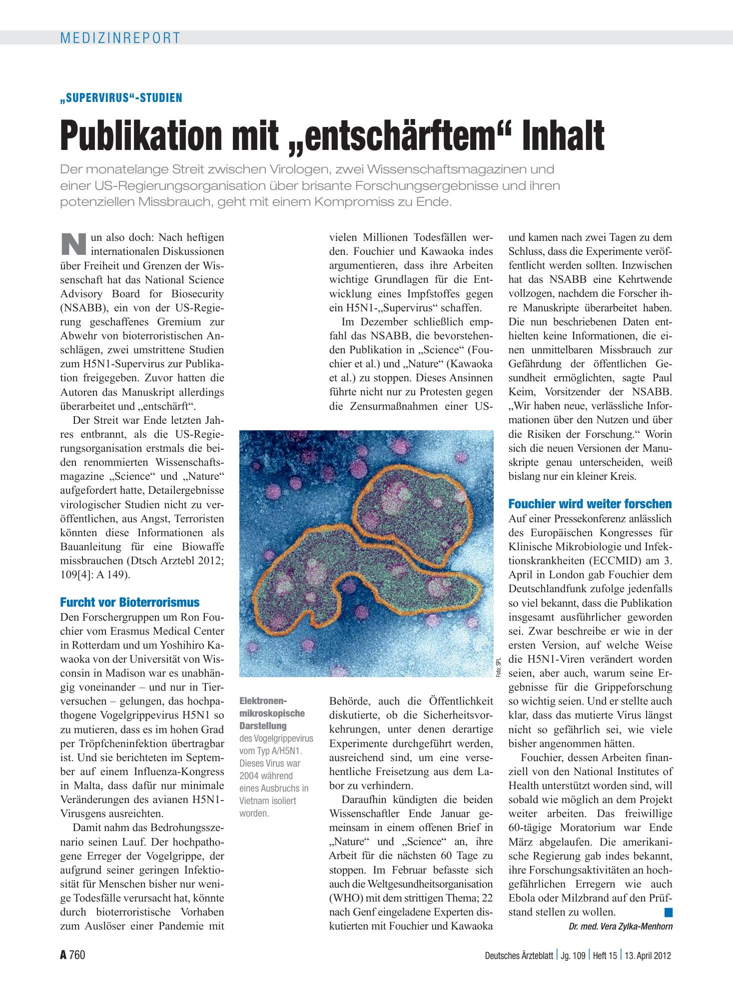 Vorschauseite 1: „Supervirus“-Studien: Publikation mit „entschärftem“ Inhalt – Deutsches Ärzteblatt