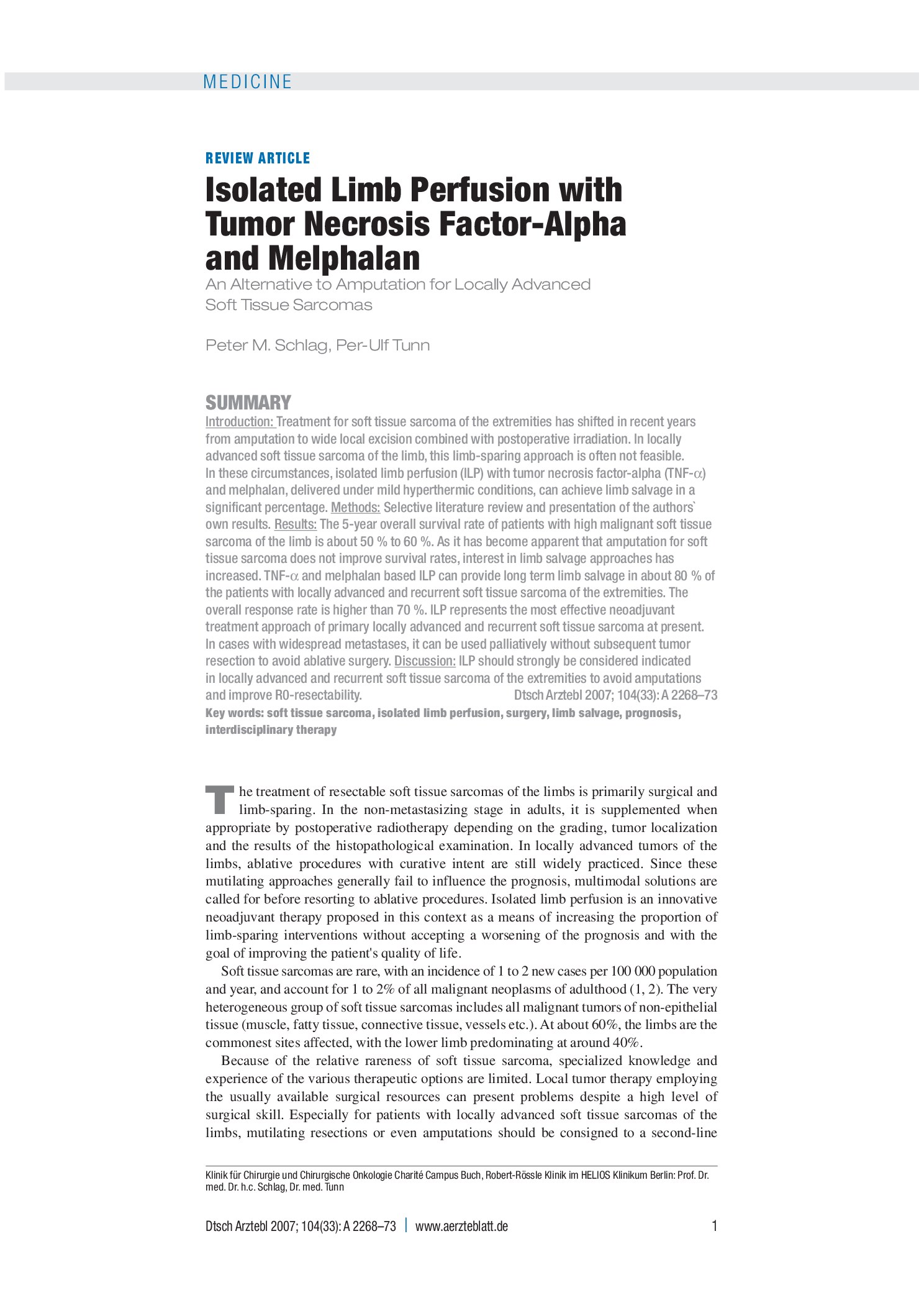 Vorschauseite 1: Isolierte hypertherme Extremitätenperfusion mit TNF-α und Melphalan – Deutsches Ärzteblatt