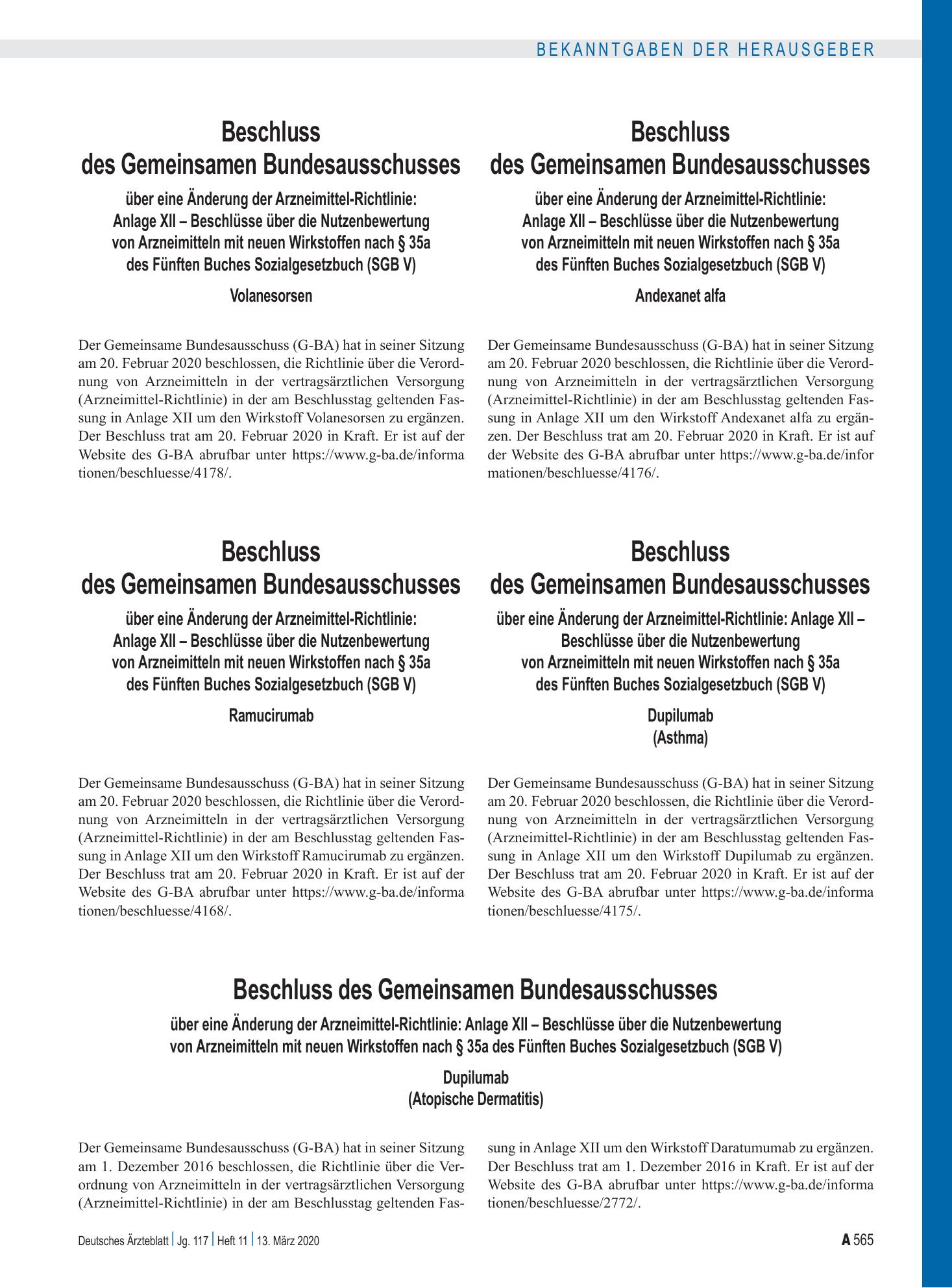 Vorschauseite 1: Beschluss des Gemeinsamen Bundesausschusses über eine Änderung der Arzneimittel-Richtlinie: Anlage XII – Andexanet alfa – Deutsches Ärzteblatt