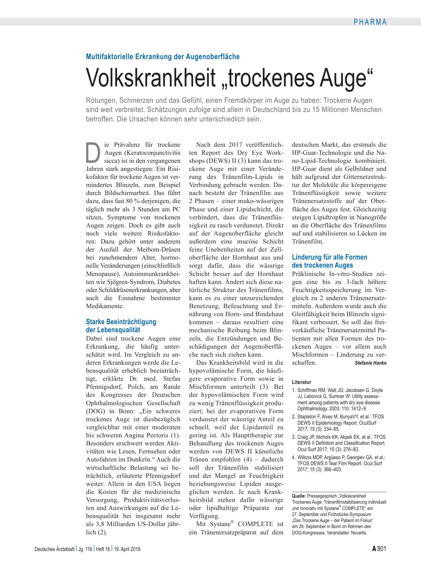 Vorschauseite 1: Multifaktorielle Erkrankung der Augenoberfläche: Volkskrankheit „trockenes Auge“ – Deutsches Ärzteblatt