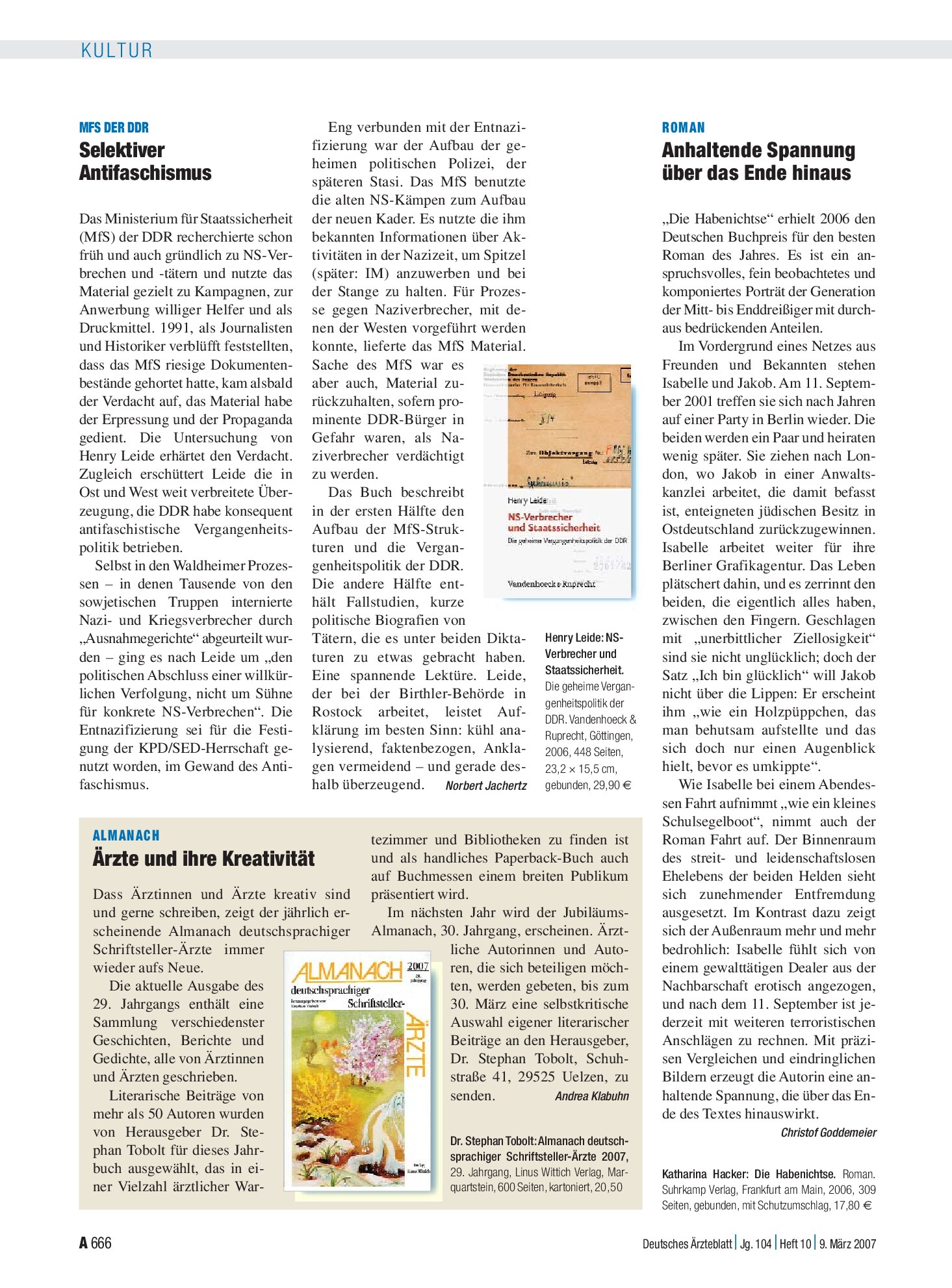 Vorschauseite 1: MfS der DDR: Selektiver Antifaschismus – Deutsches Ärzteblatt
