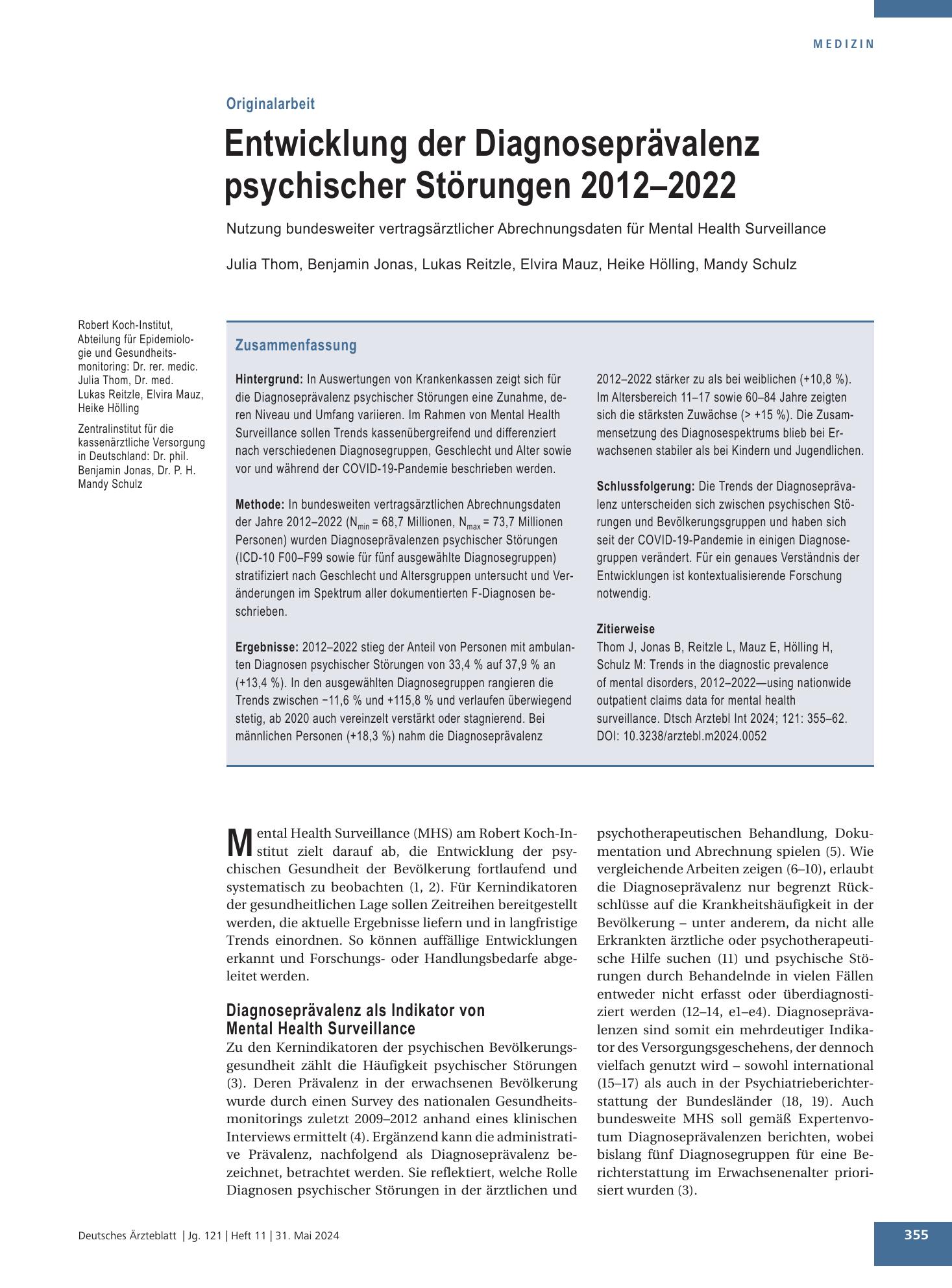 Vorschauseite 1: Entwicklung der Diagnoseprävalenz psychischer Störungen 2012–2022 – Deutsches Ärzteblatt