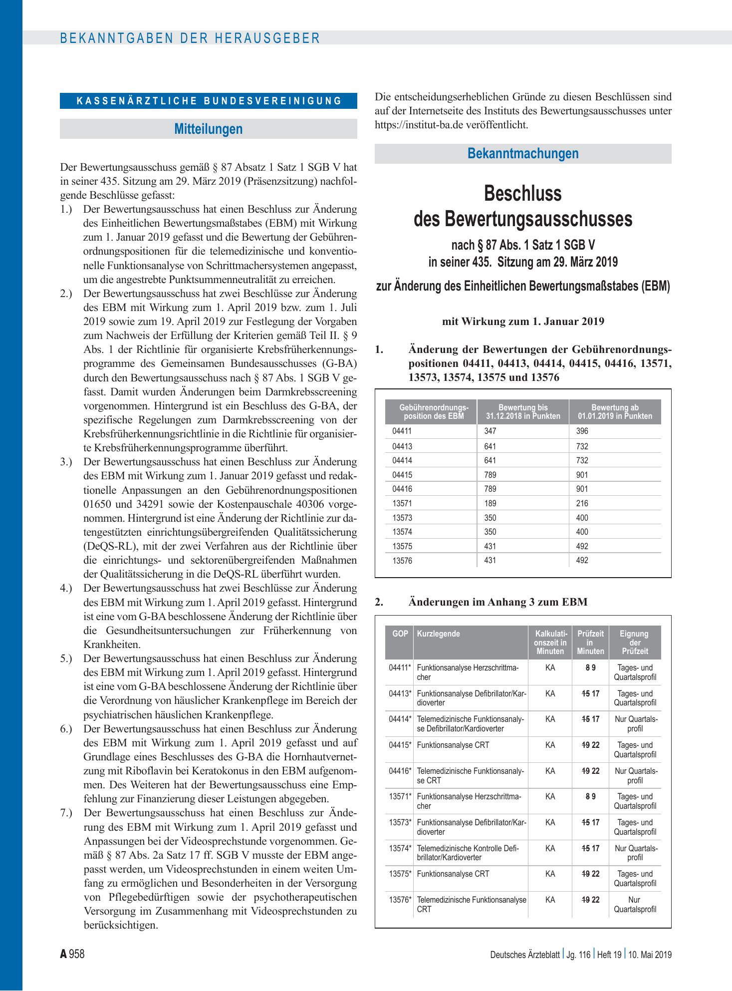 Vorschauseite 1: Beschluss des Bewertungsausschusses nach § 87 Abs. 1 Satz 1 SGB V in seiner 435. Sitzung: Änderung des Einheitlichen Bewertungsmaßstabes, Teil A, Teil B – Deutsches Ärzteblatt
