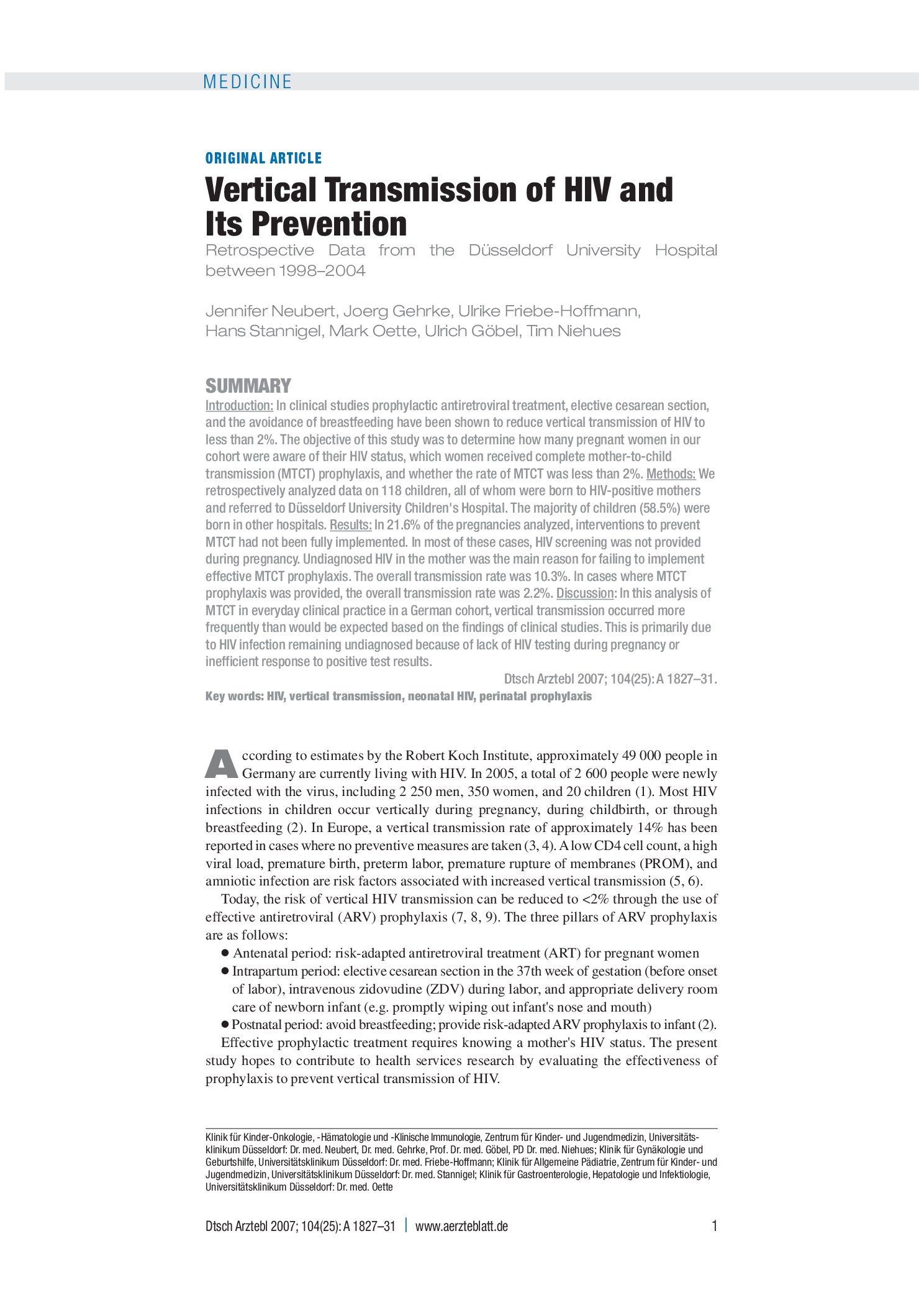 Vorschauseite 1: Vertikale HIV-Transmission und Transmissionsprophylaxe – Deutsches Ärzteblatt