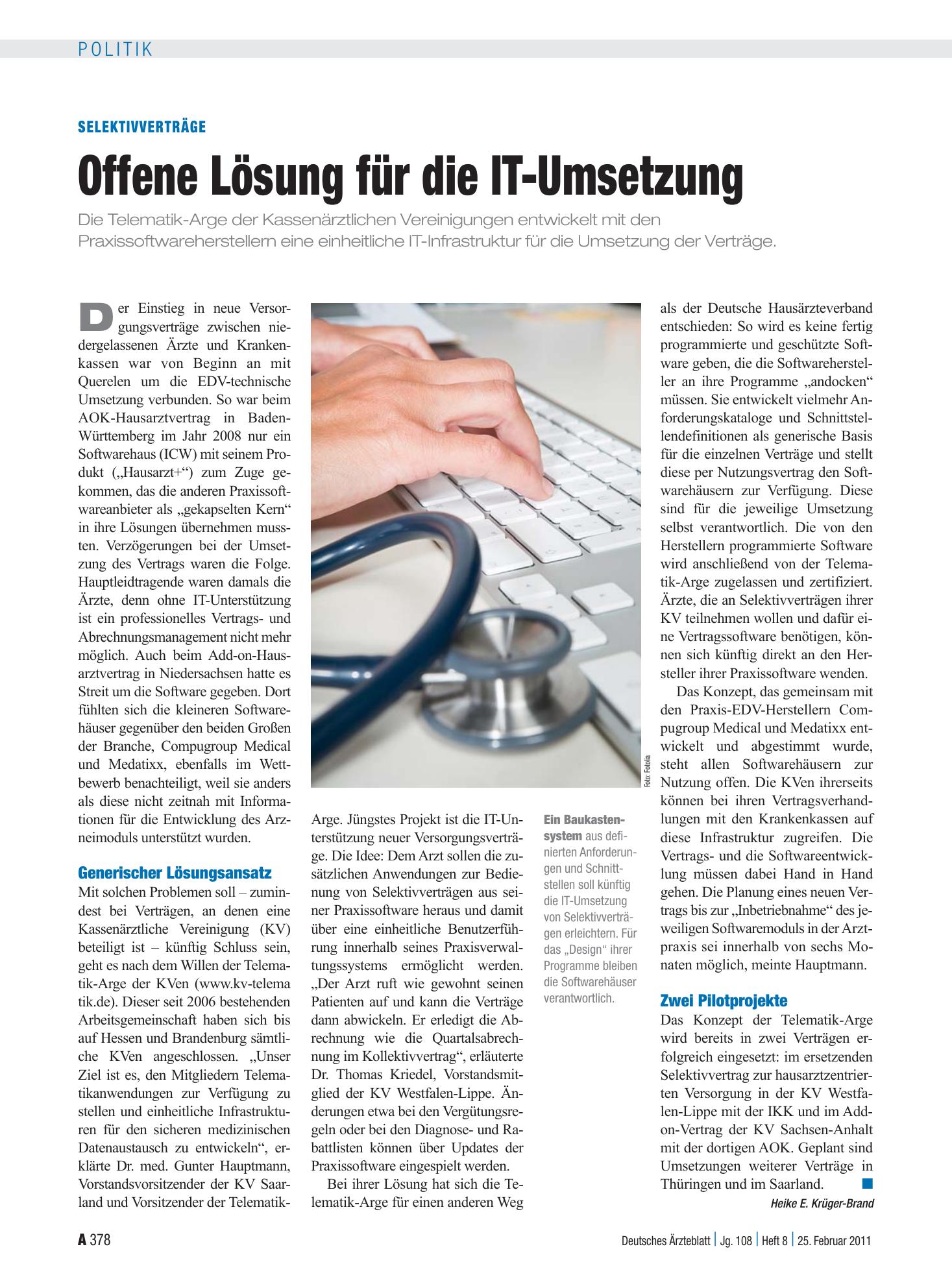 Vorschauseite 1: Selektivverträge: Offene Lösung für die IT-Umsetzung – Deutsches Ärzteblatt