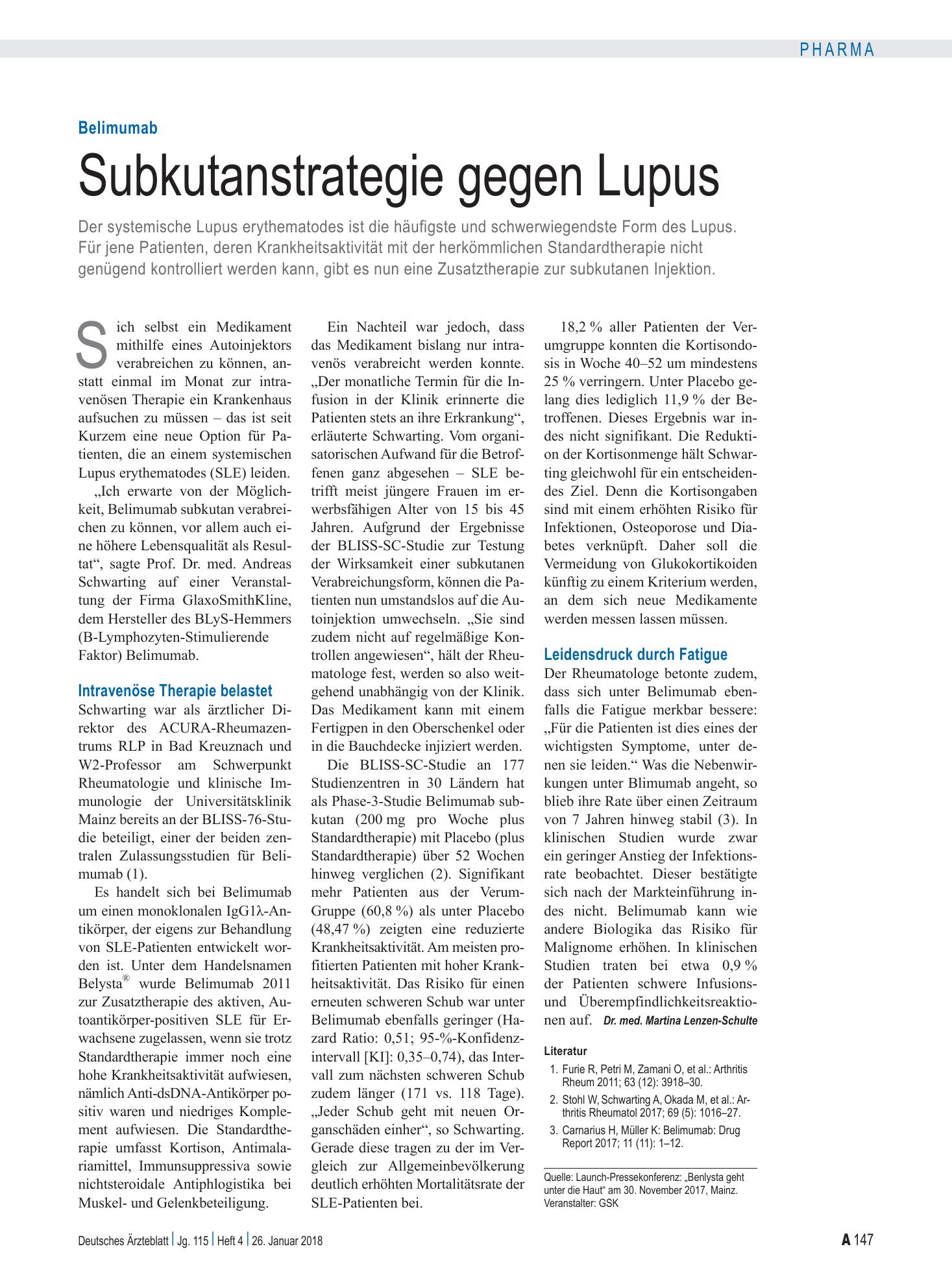 Vorschauseite 1: Belimumab: Subkutanstrategie gegen Lupus – Deutsches Ärzteblatt