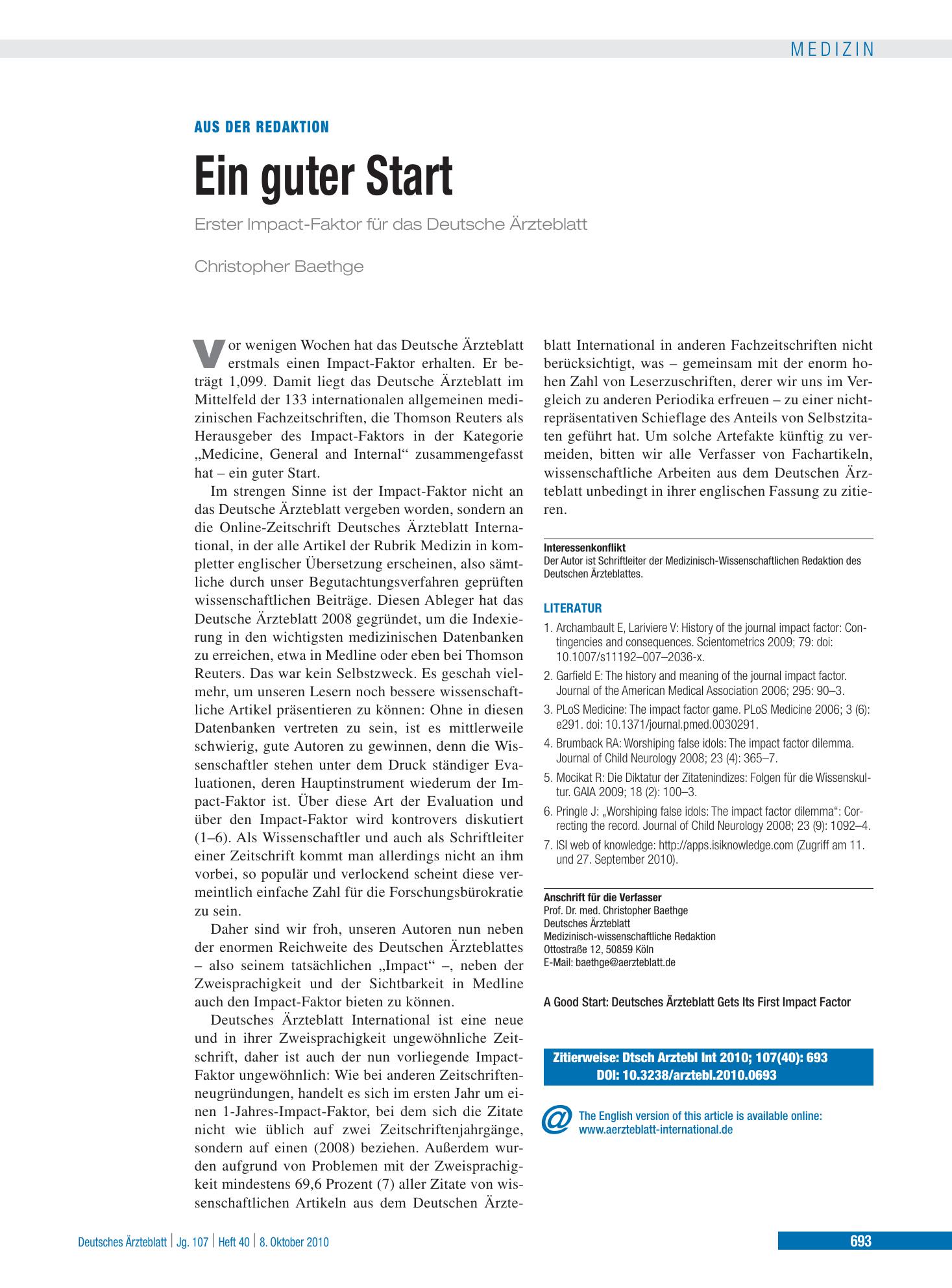 Vorschauseite 1: Ein guter Start – Deutsches Ärzteblatt
