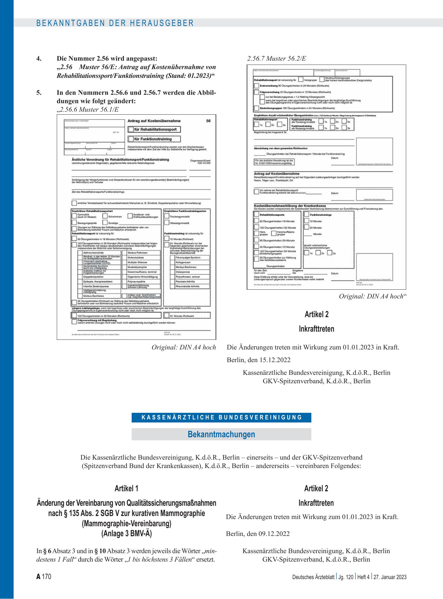 Vorschauseite 1: Änderung der Vereinbarung von Qualitätssicherungsmaßnahmen nach § 135 Abs. 2 SGB V zur kurativen Mammographie (Mammographie-Vereinbarung) – Deutsches Ärzteblatt
