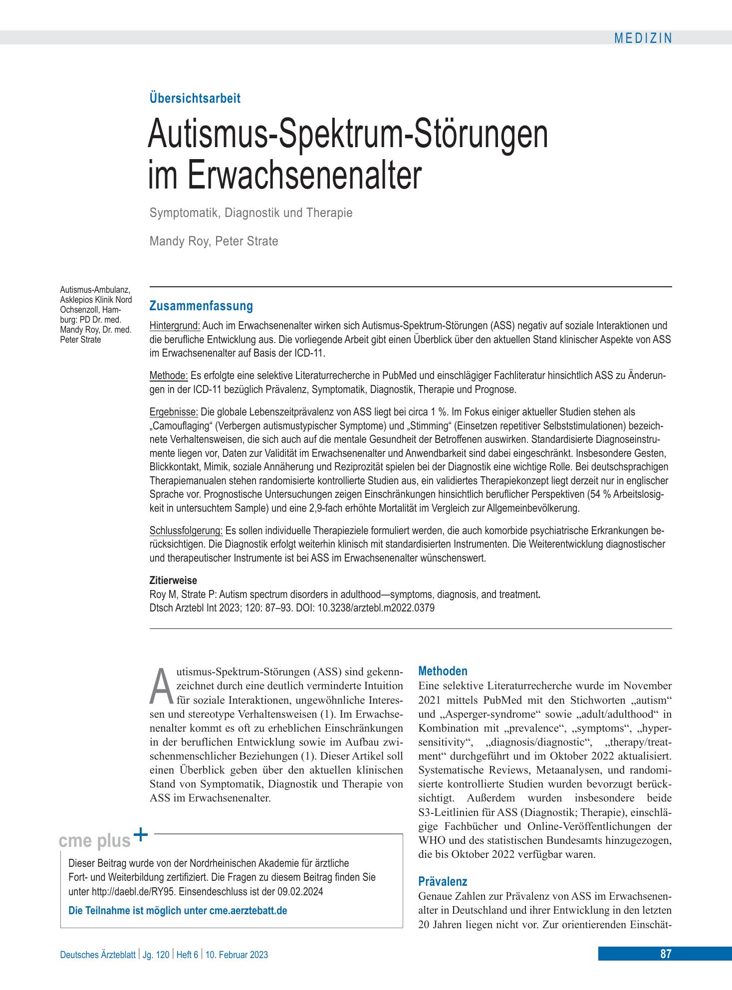 Vorschauseite 1: Autismus-Spektrum-Störungen im Erwachsenenalter – Deutsches Ärzteblatt