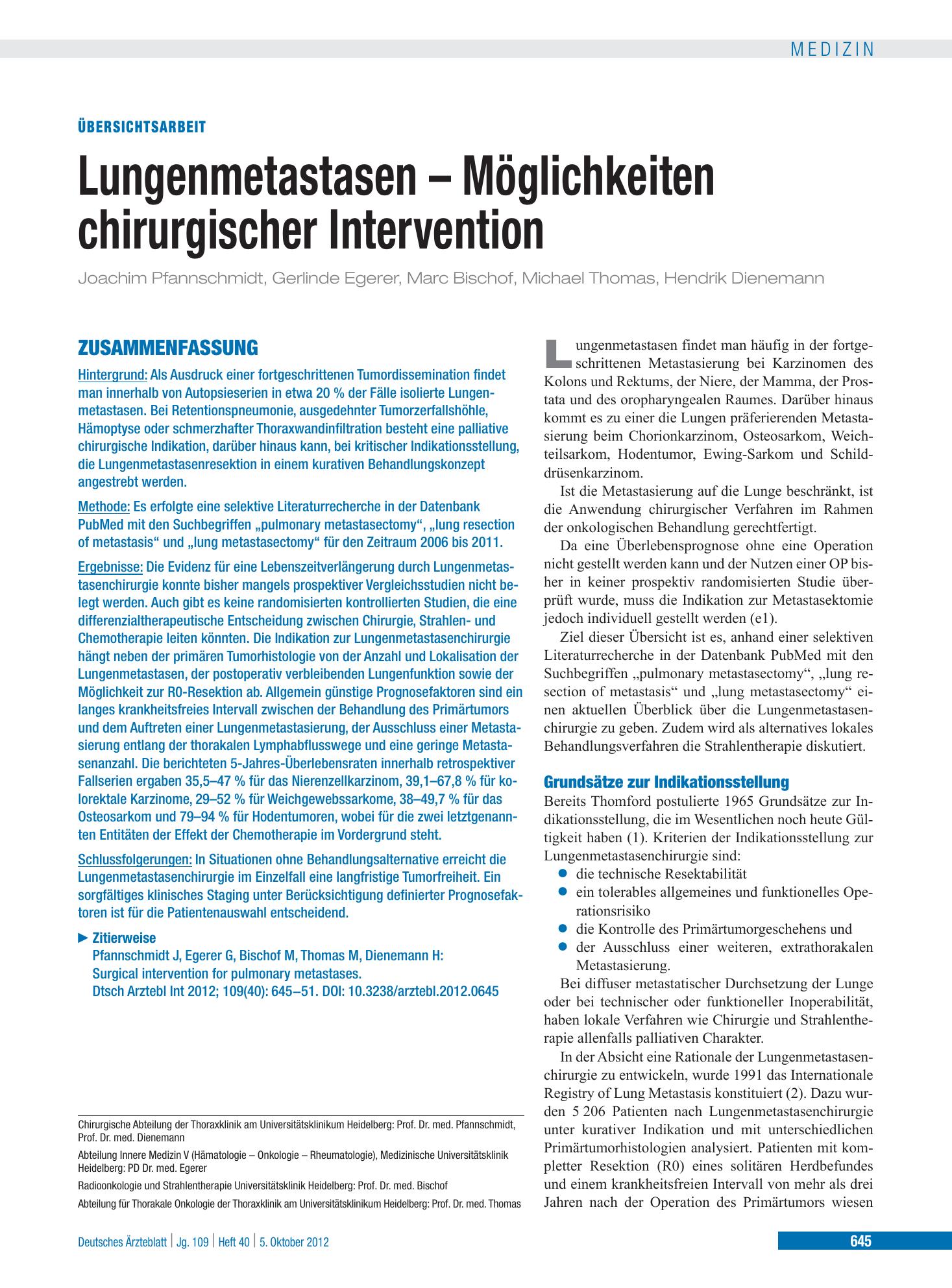Vorschauseite 1: Lungenmetastasen – Möglichkeiten chirurgischer Intervention – Deutsches Ärzteblatt