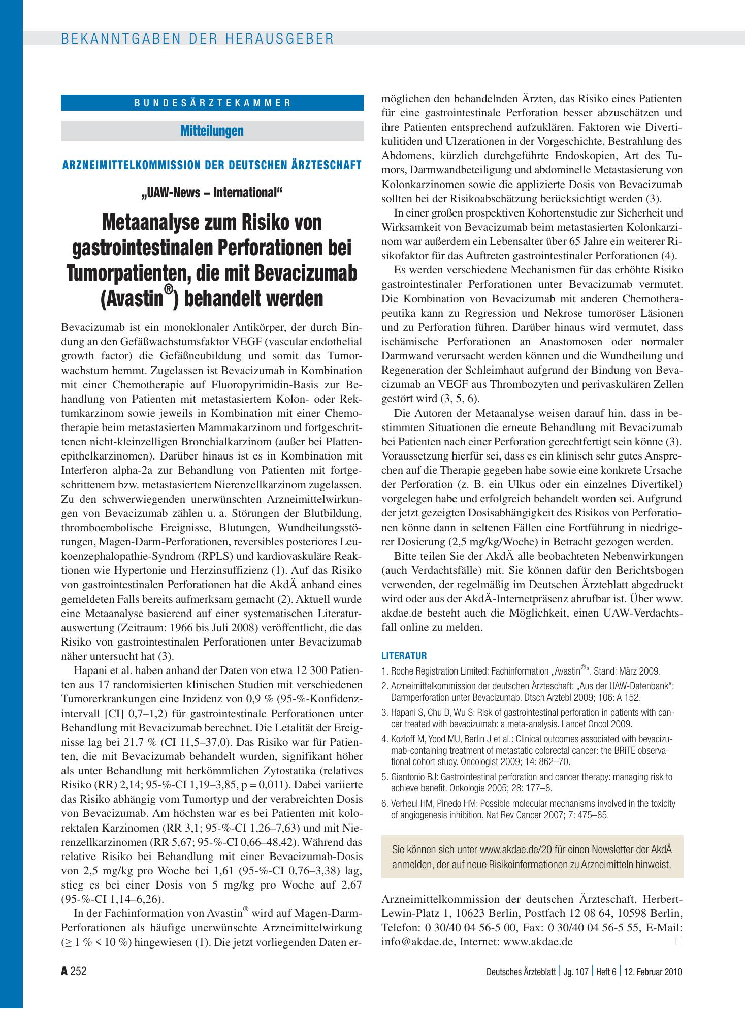 Vorschauseite 1: Arzneimittelkommission der deutschen Ärzteschaft: „UAW-News - International“ - Metaanalyse zum Risiko von gastrointestinalen Perforationen bei Tumorpatienten, die mit Bevacizumal…