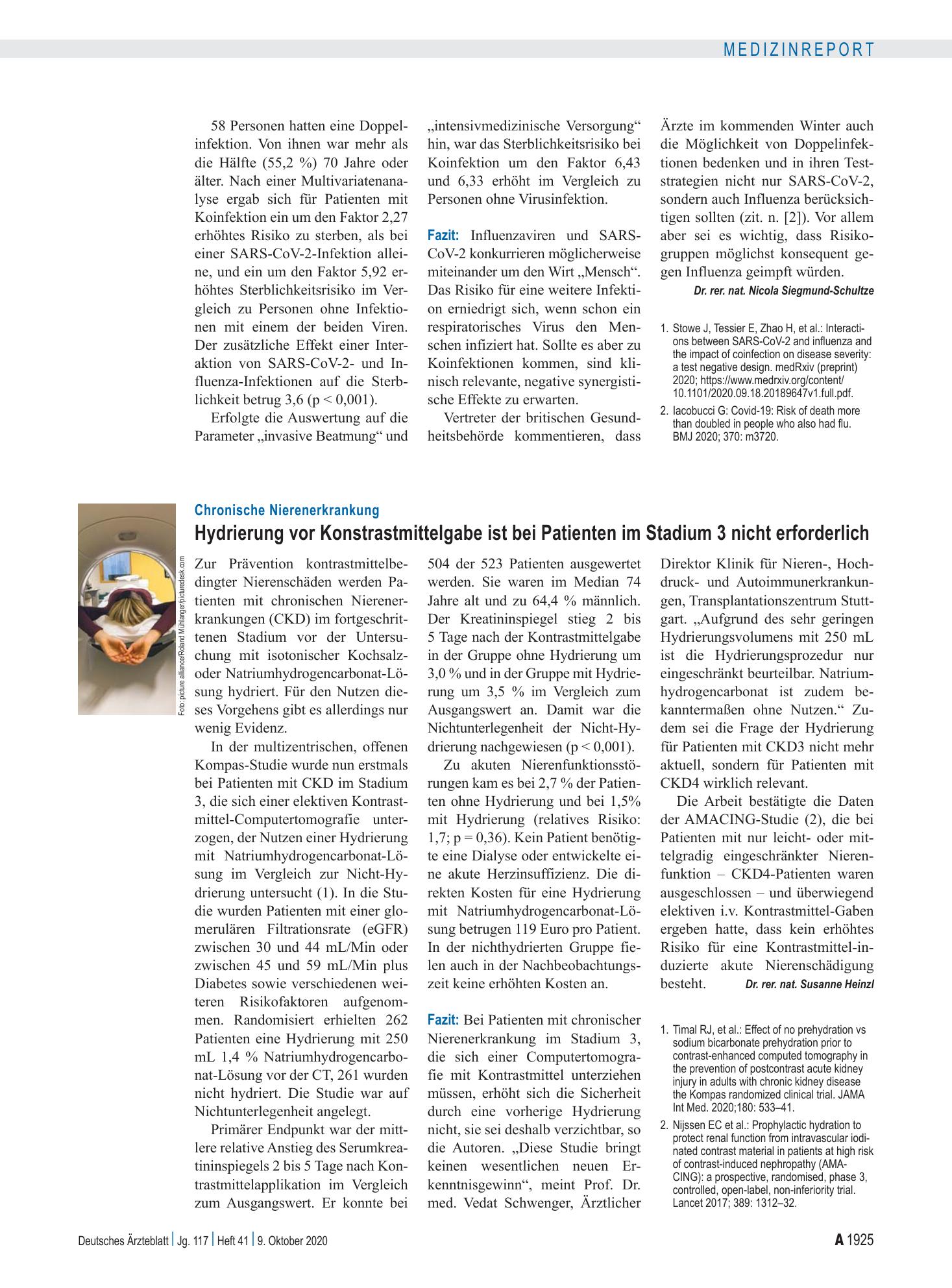 Vorschauseite 1: Chronische Nierenerkrankung: Hydrierung vor Konstrastmittelgabe ist bei Patienten im Stadium 3 nicht erforderlich – Deutsches Ärzteblatt