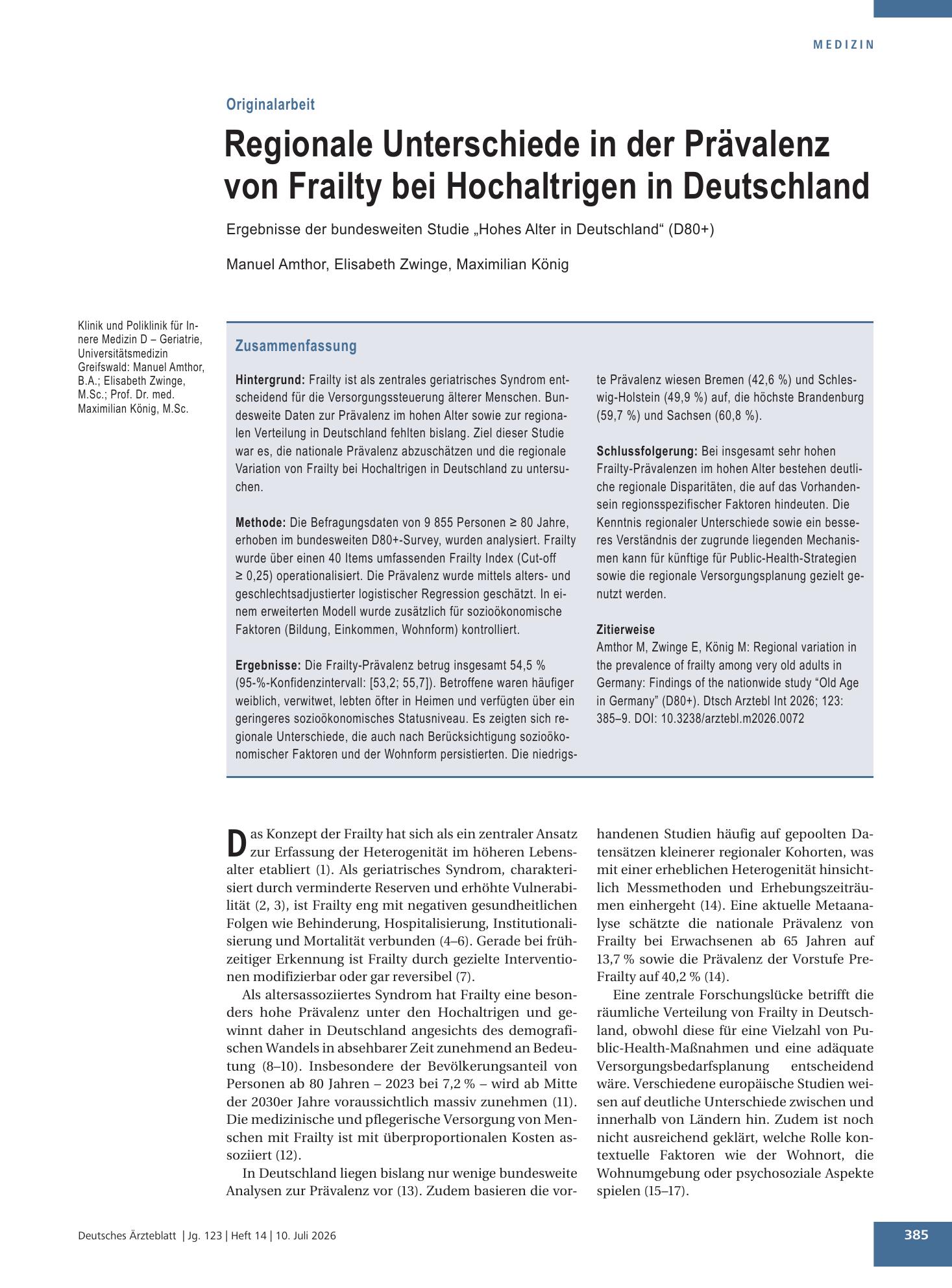 Vorschauseite 1: Regionale Unterschiede in der Prävalenz von Frailty bei Hochaltrigen in Deutschland – Deutsches Ärzteblatt