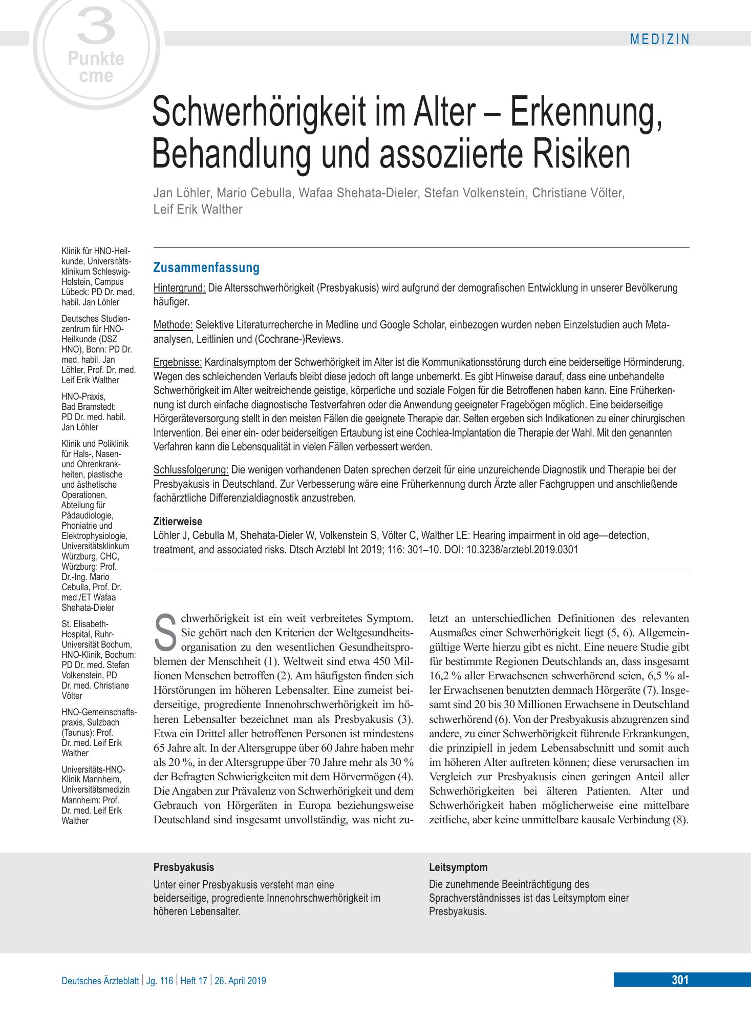 Vorschauseite 1: Schwerhörigkeit im Alter – Erkennung, Behandlung und assoziierte Risiken – Deutsches Ärzteblatt