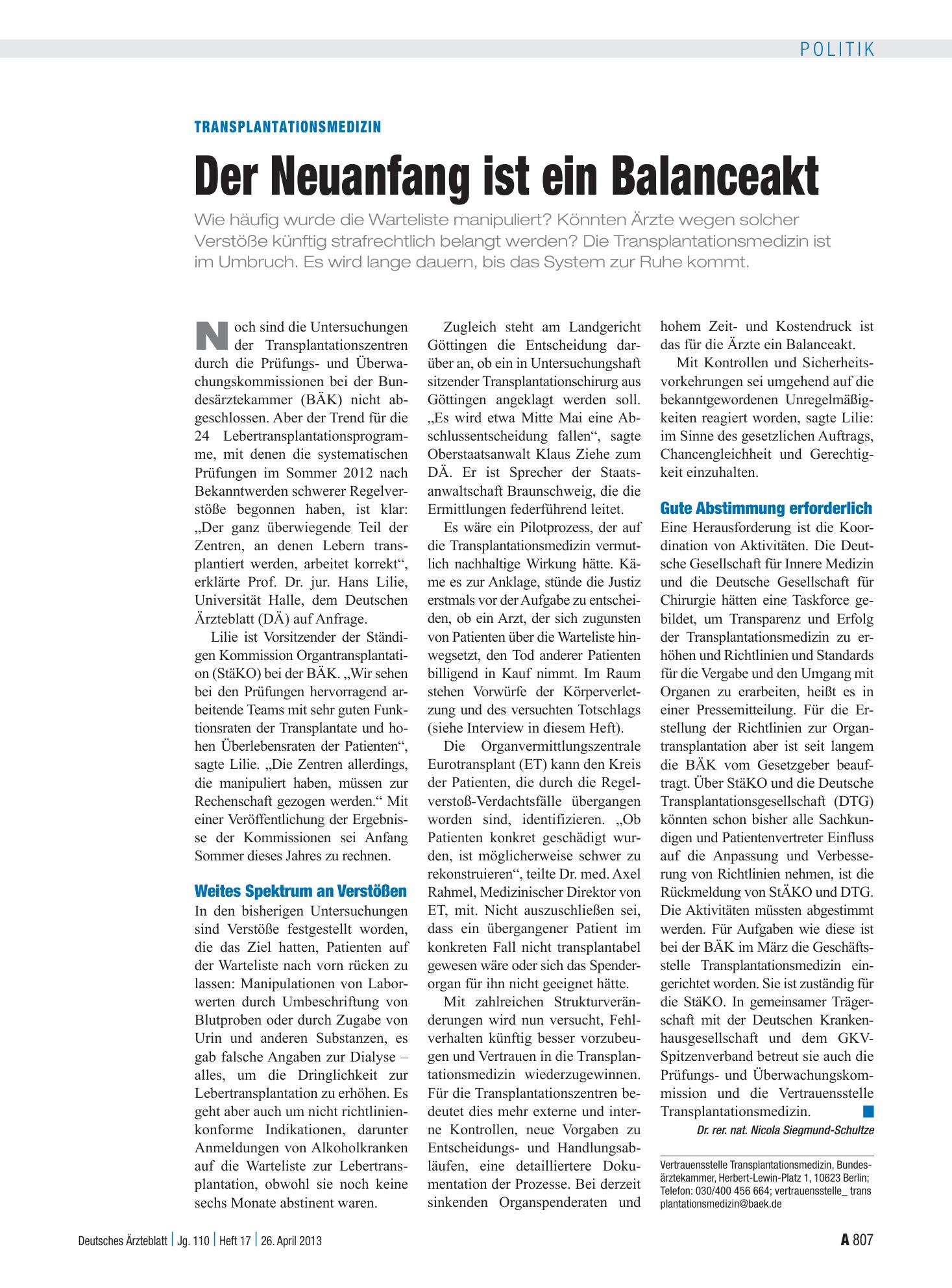Vorschauseite 1: Transplantationsmedizin: Der Neuanfang ist ein Balanceakt – Deutsches Ärzteblatt