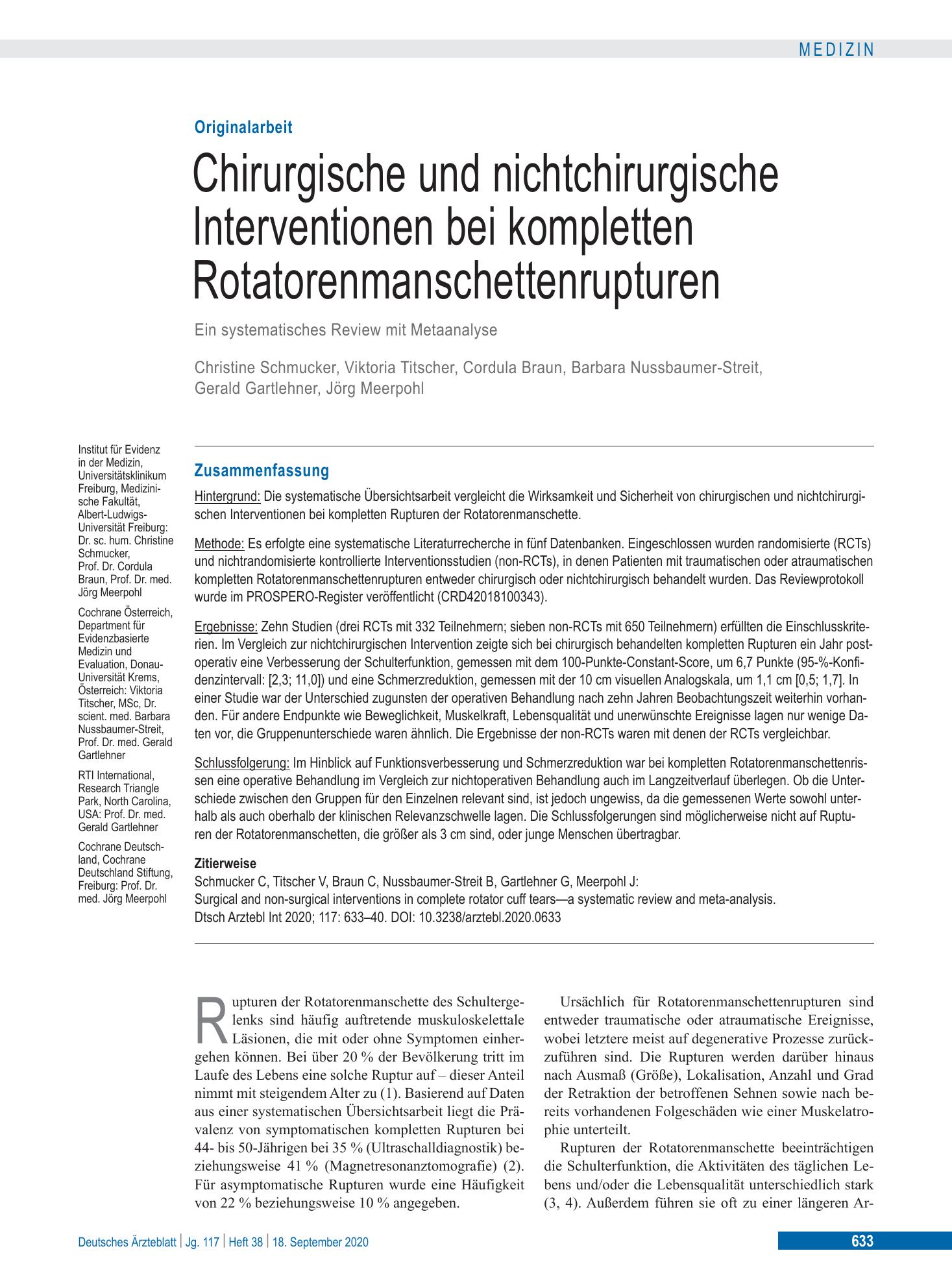 Vorschauseite 1: Chirurgische und nichtchirurgische Interventionen bei kompletten Rotatorenmanschettenrupturen – Deutsches Ärzteblatt