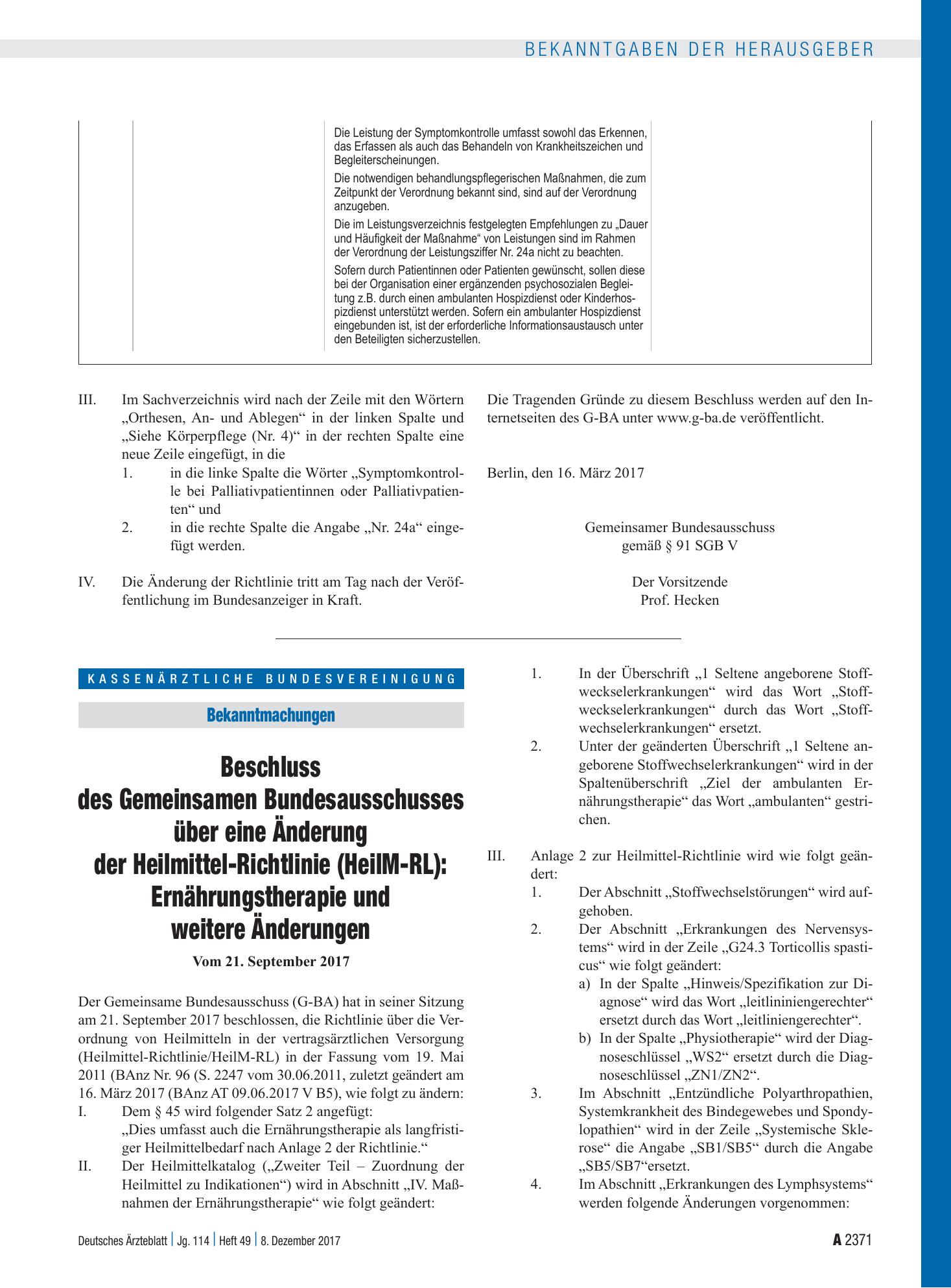 Vorschauseite 1: Beschluss des Gemeinsamen Bundesausschusses über eine Änderung der Heilmittel-Richtlinie (HeilM-RL): Ernährungstherapie und weitere Änderungen – Deutsches Ärzteblatt
