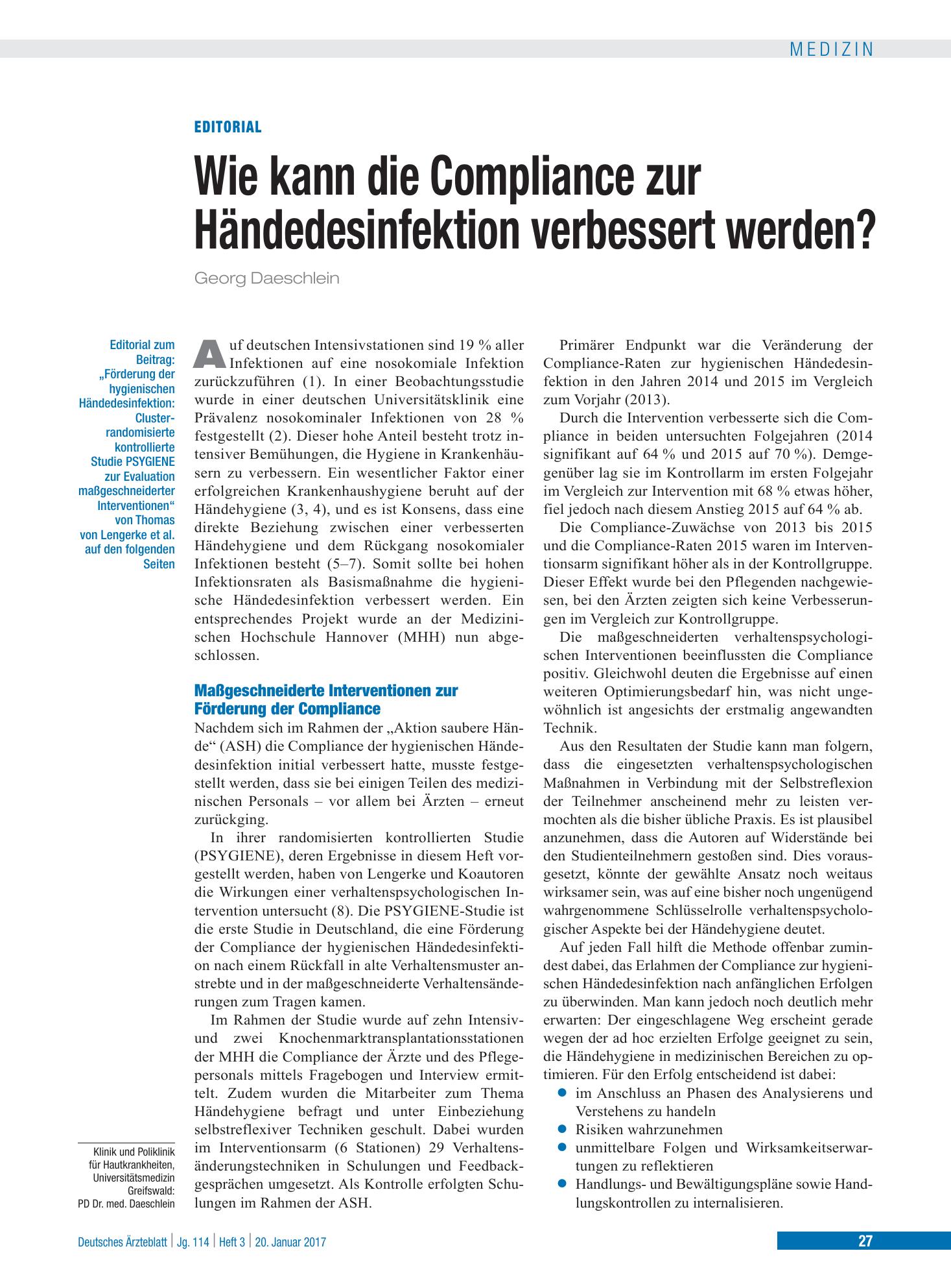 Vorschauseite 1: Förderung der hygienischen Händedesinfektion – Deutsches Ärzteblatt