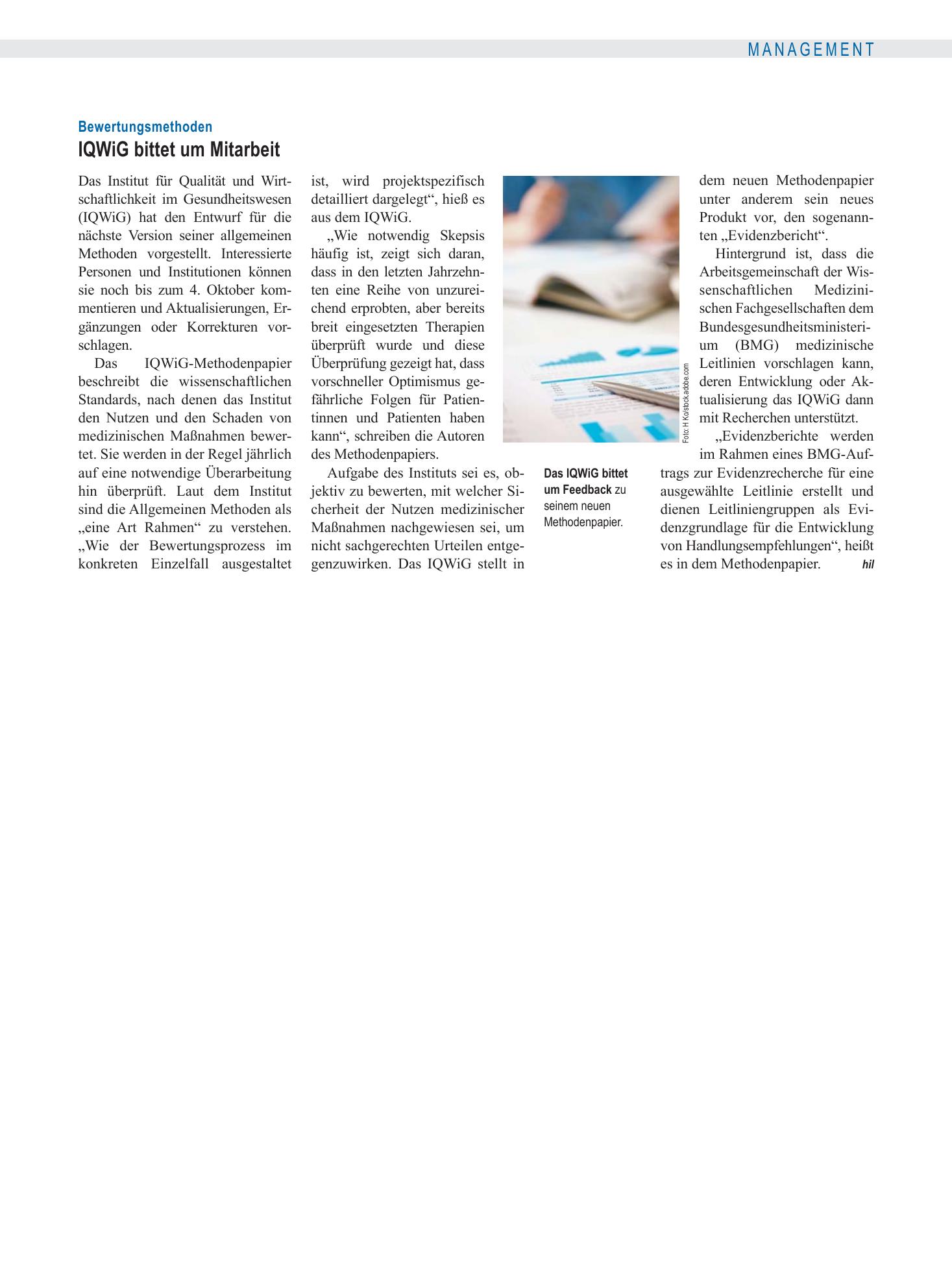 Vorschauseite 1: Bewertungsmethoden: IQWiG bittet um Mitarbeit – Deutsches Ärzteblatt