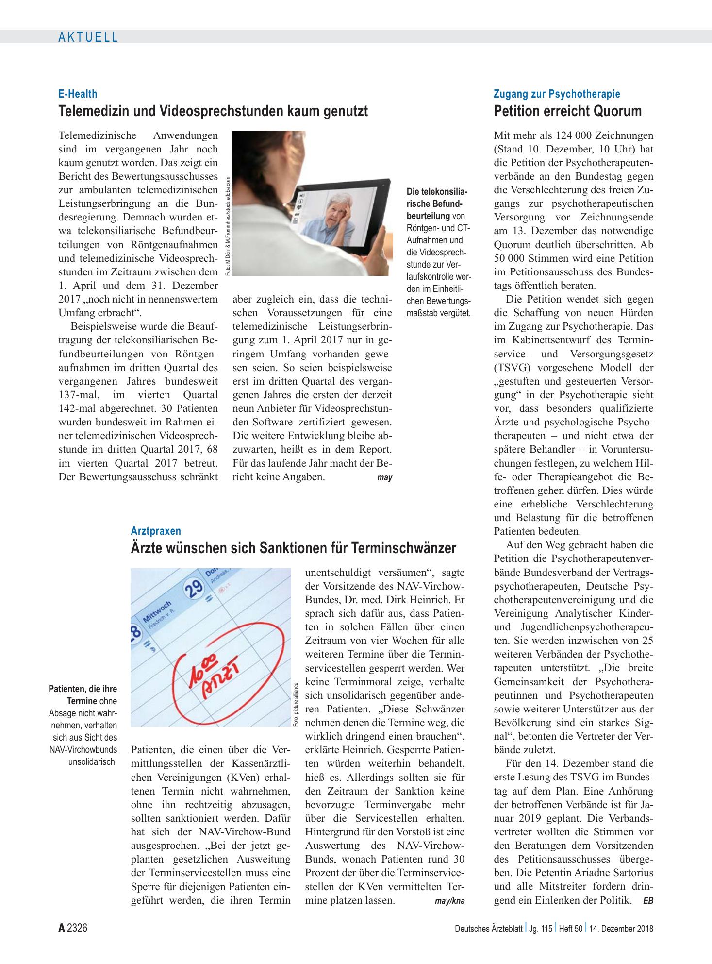 Vorschauseite 1: Arztpraxen: Ärzte wünschen sich Sanktionen für Terminschwänzer – Deutsches Ärzteblatt