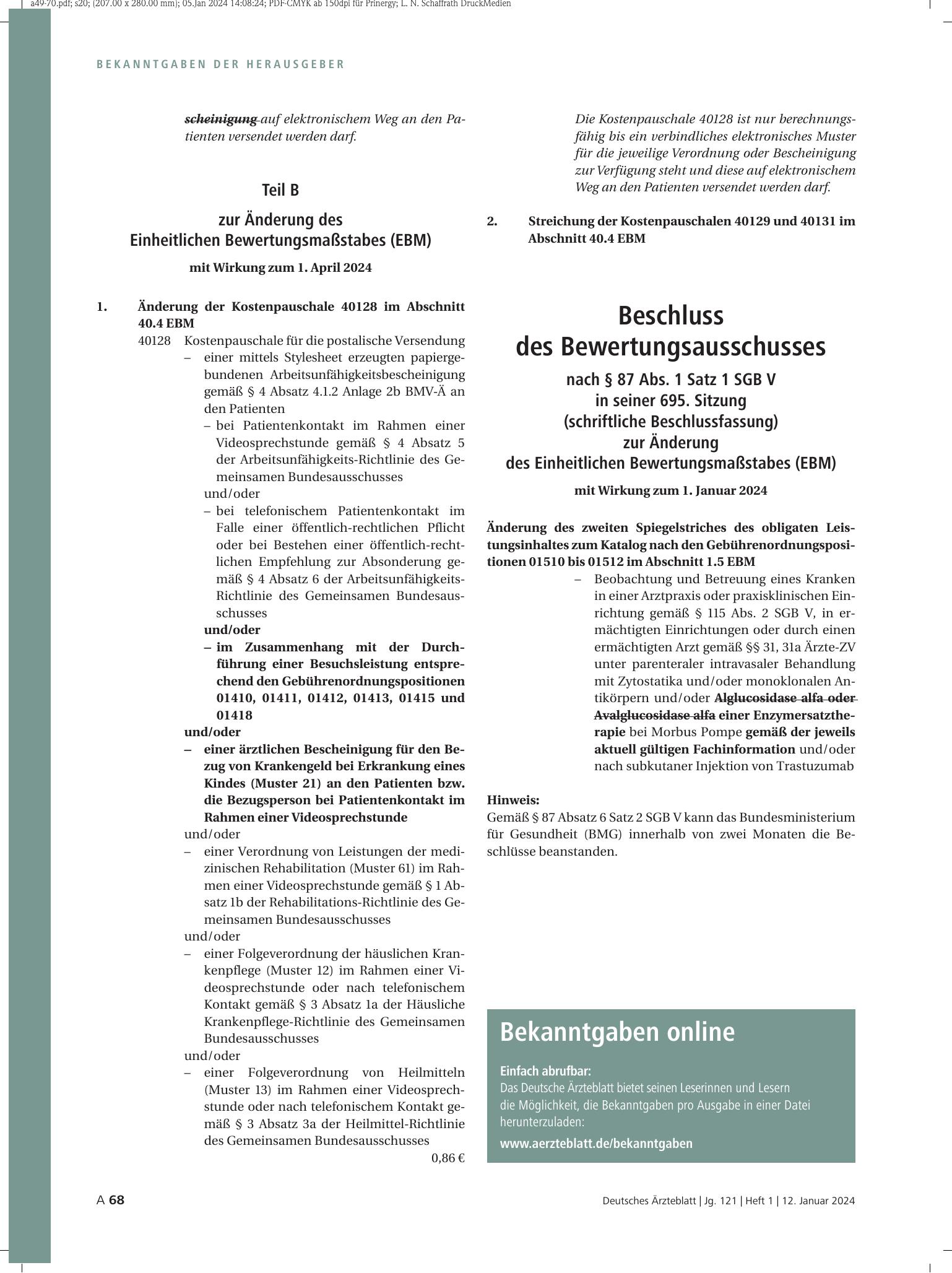 Vorschauseite 1: Beschluss des Bewertungsausschusses nach § 87 Abs. 1 Satz 1 SGB V in seiner 695. Sitzung (schriftliche Beschlussfassung) zur Änderung des Einheitlichen Bewertungsmaßstabes (EBM) m…