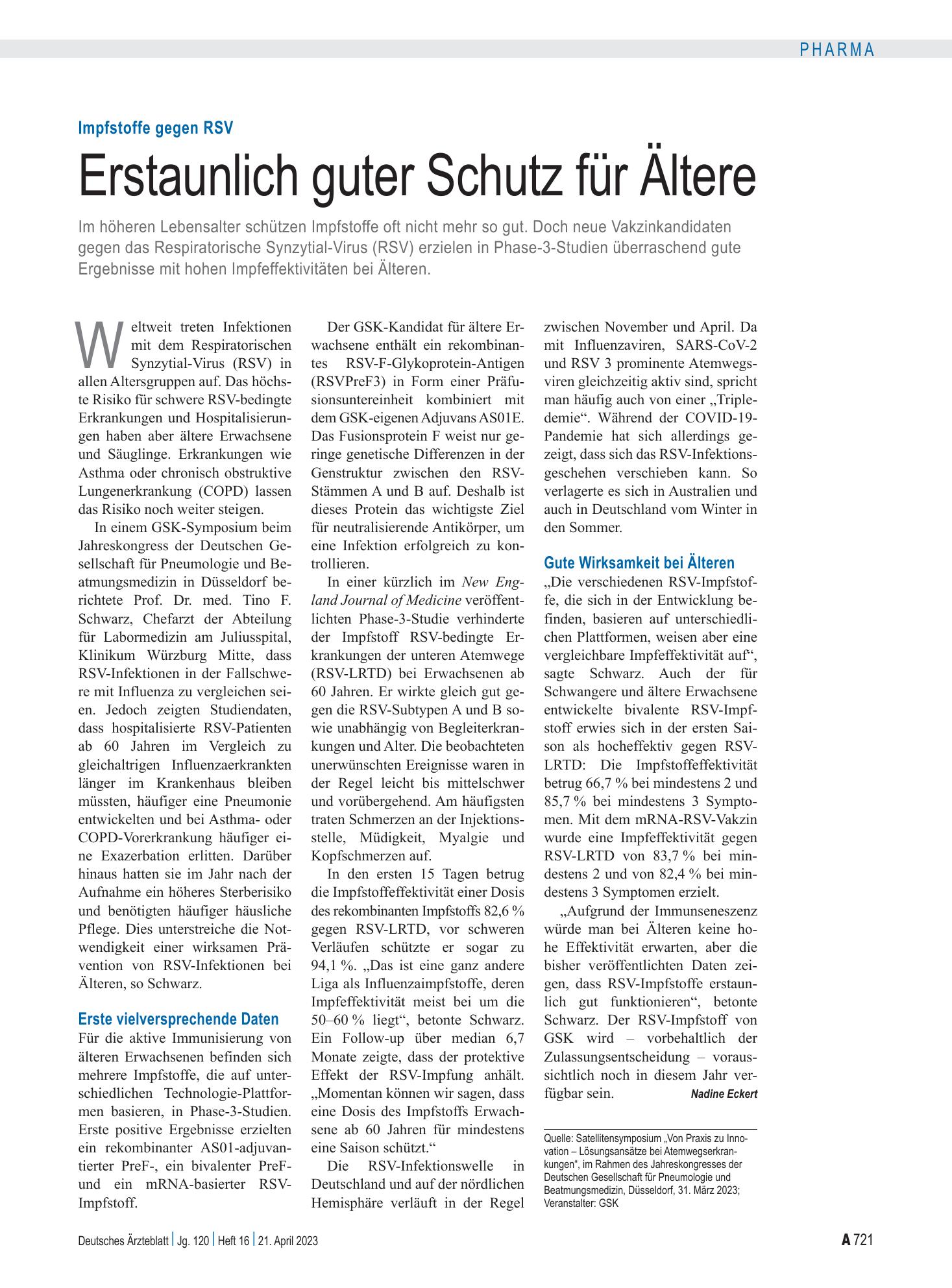 Vorschauseite 1: Impfstoffe gegen RSV: Erstaunlich guter Schutz für Ältere – Deutsches Ärzteblatt