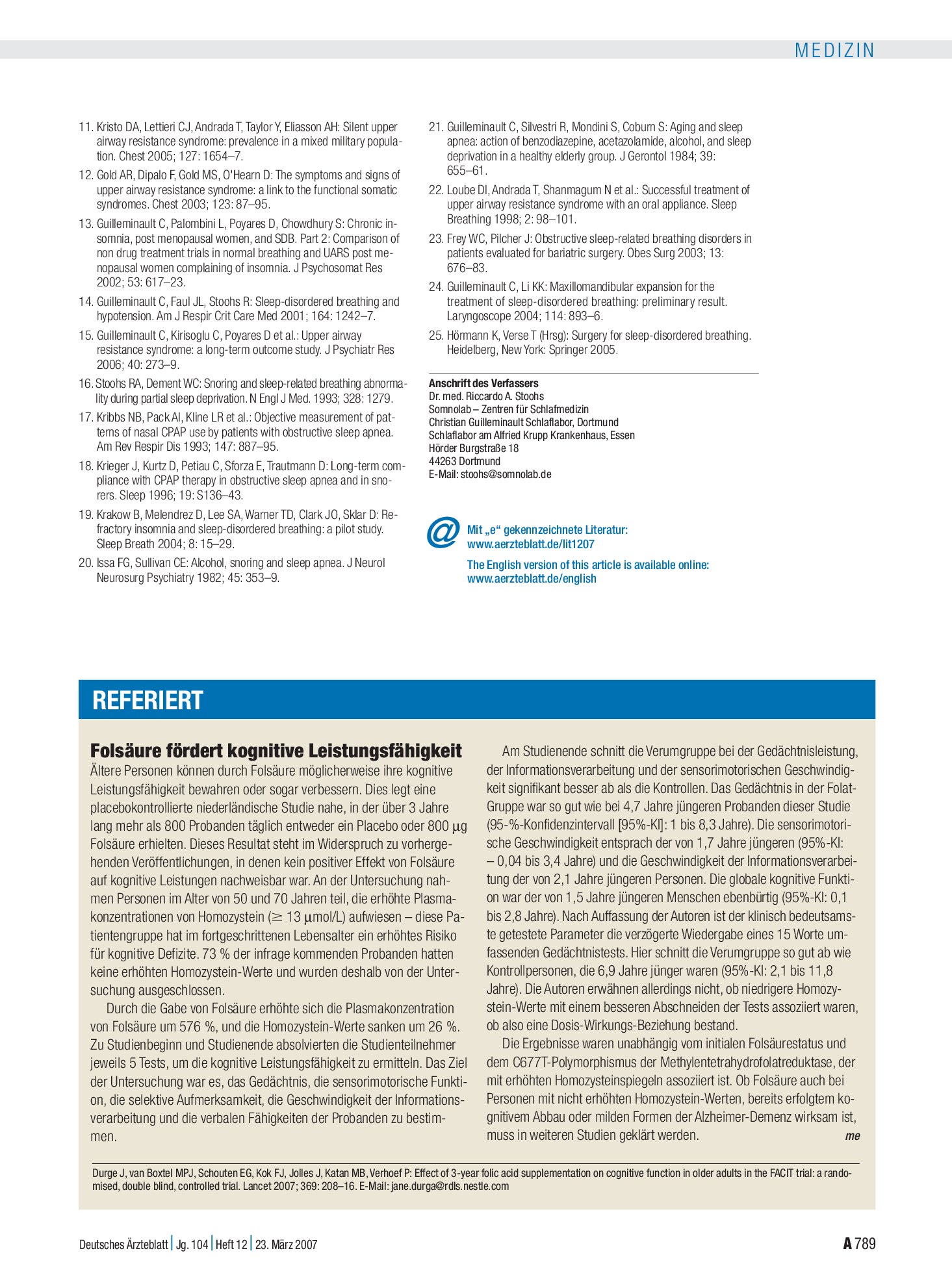 Vorschauseite 1: Folsäure fördert kognitive Leistungsfähigkeit – Deutsches Ärzteblatt