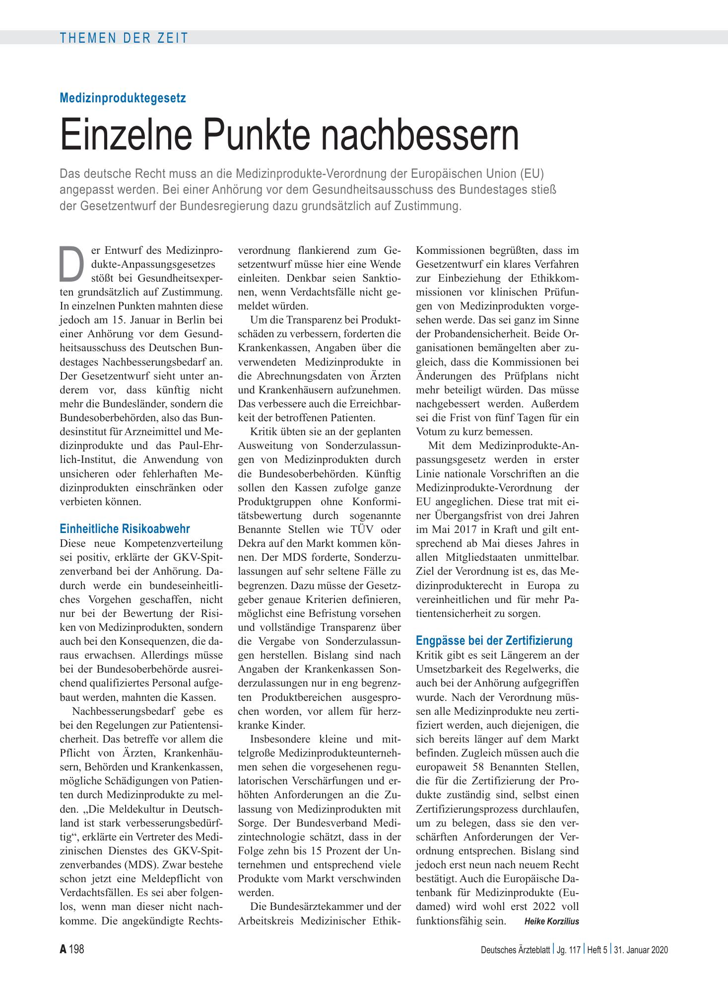 Vorschauseite 1: Medizinproduktegesetz: Einzelne Punkte nachbessern – Deutsches Ärzteblatt