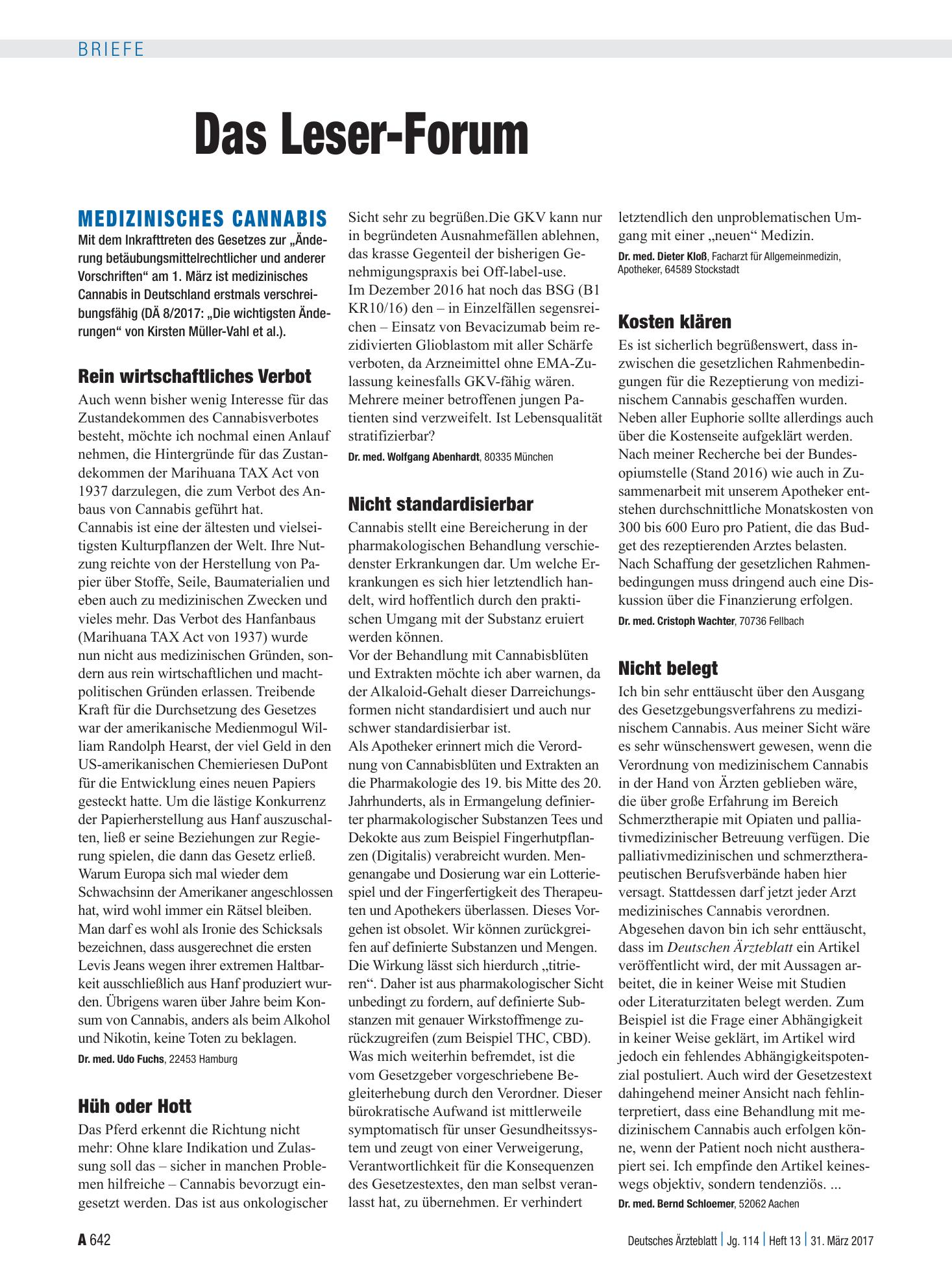 Vorschauseite 1: Medizinisches Cannabis: Hüh oder Hott – Deutsches Ärzteblatt