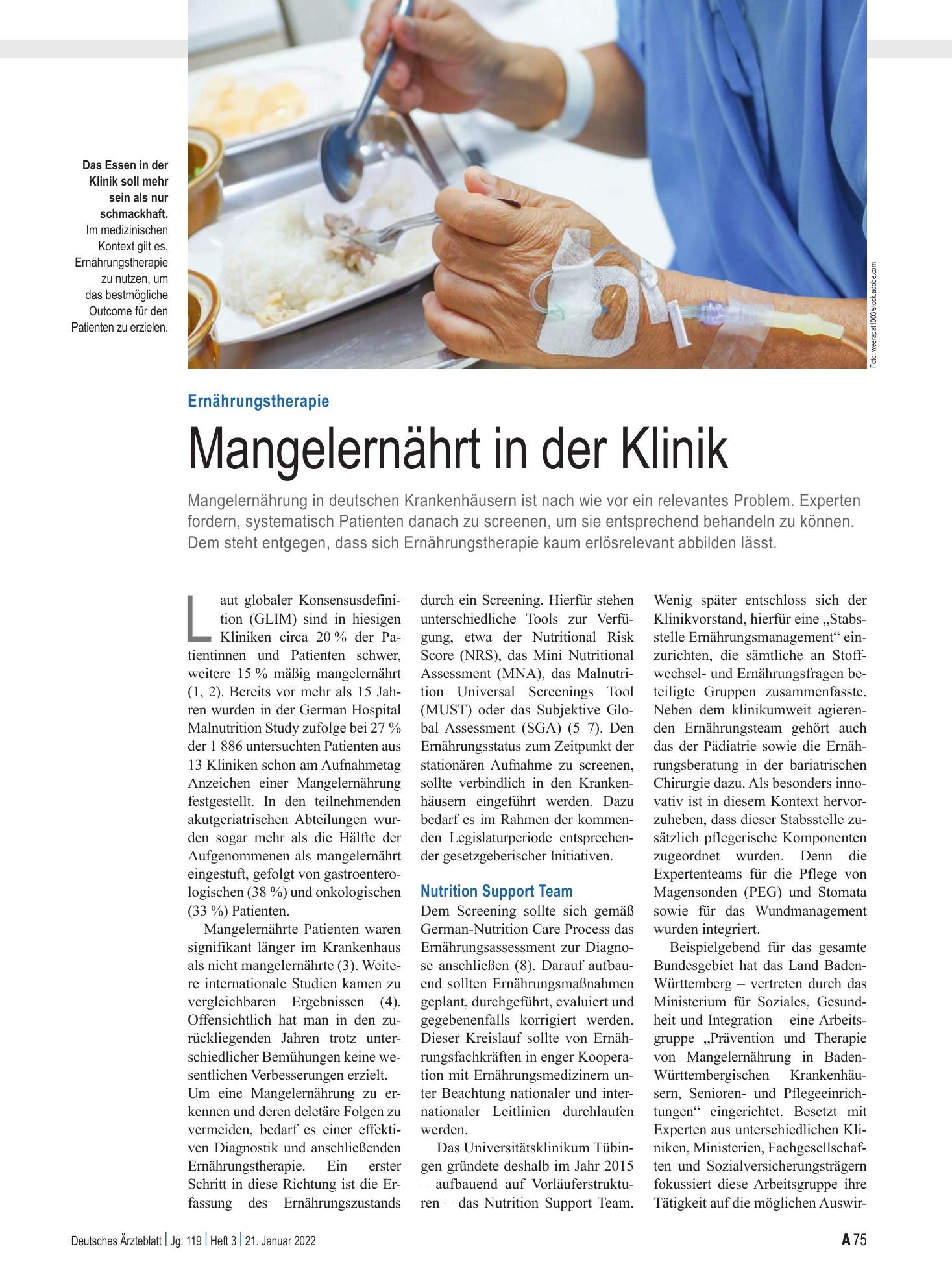 Vorschauseite 1: Ernährungstherapie: Mangelernährt in der Klinik – Deutsches Ärzteblatt
