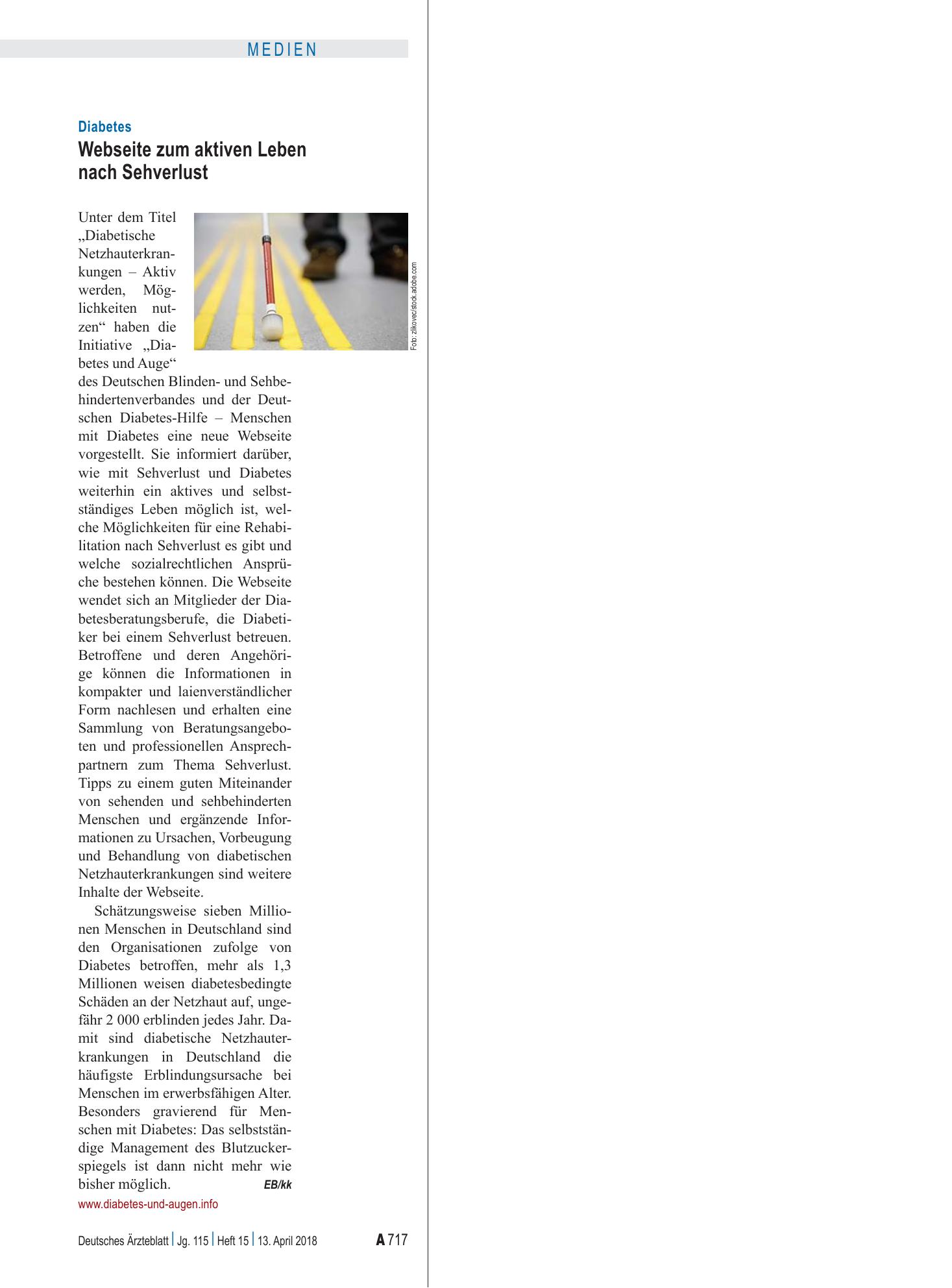 Vorschauseite 1: Diabetes: Webseite zum aktiven Leben nach Sehverlust – Deutsches Ärzteblatt