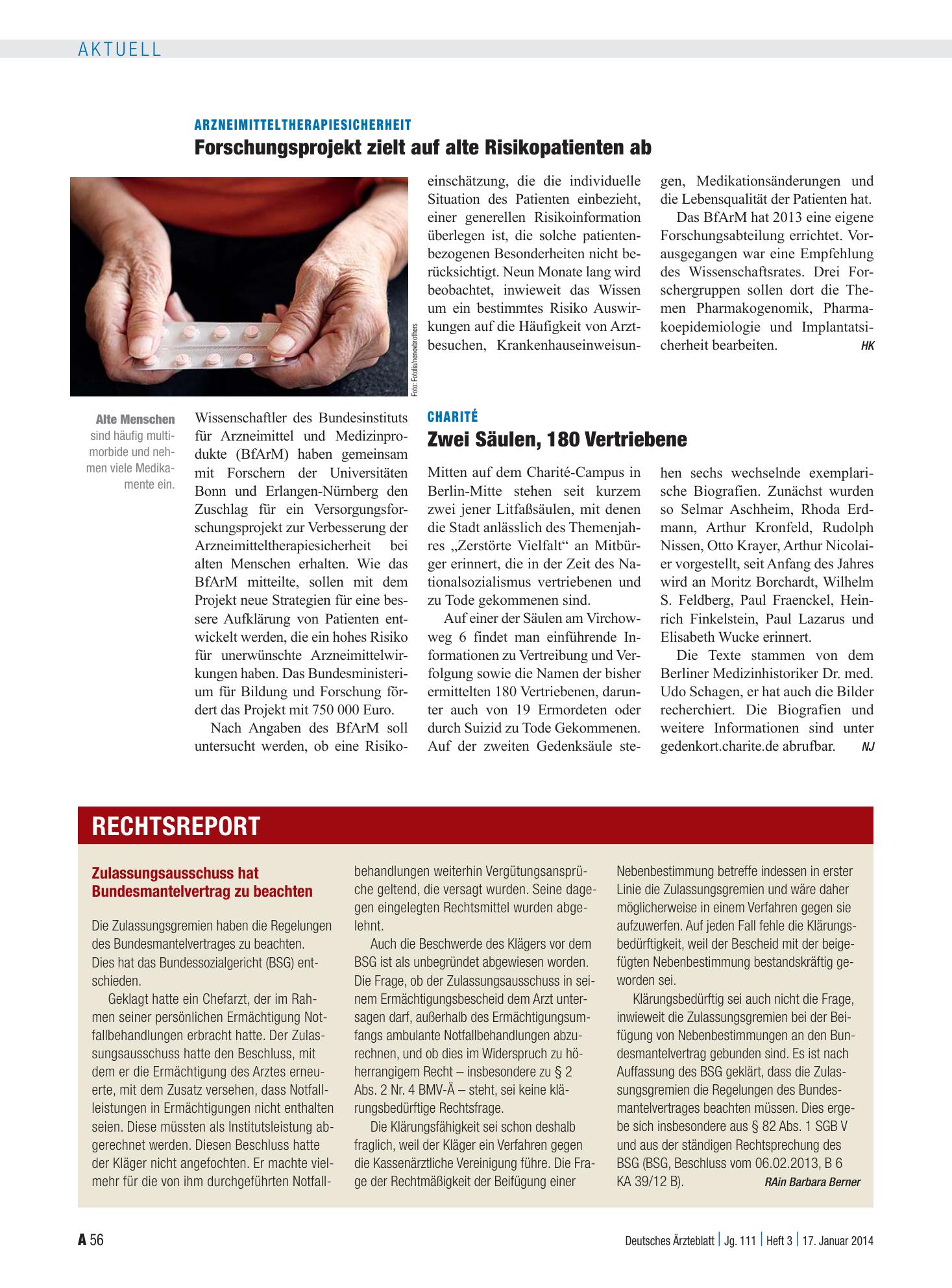 Vorschauseite 1: Charité: Zwei Säulen, 180 Vertriebene – Deutsches Ärzteblatt