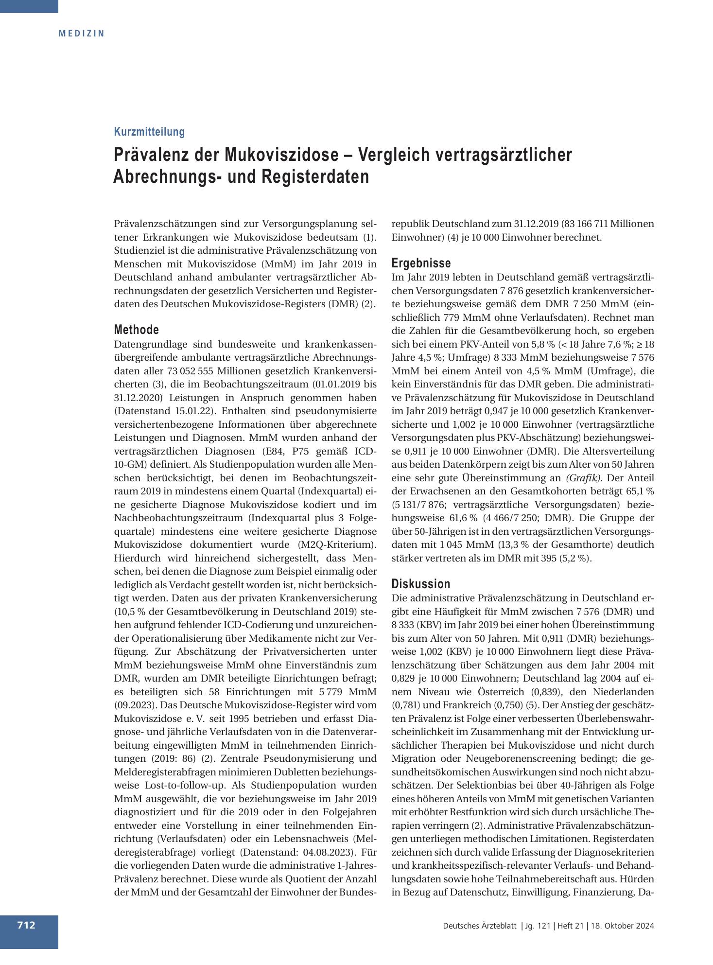 Vorschauseite 1: Prävalenz der Mukoviszidose – Vergleich vertragsärztlicher Abrechnungs- und Registerdaten – Deutsches Ärzteblatt