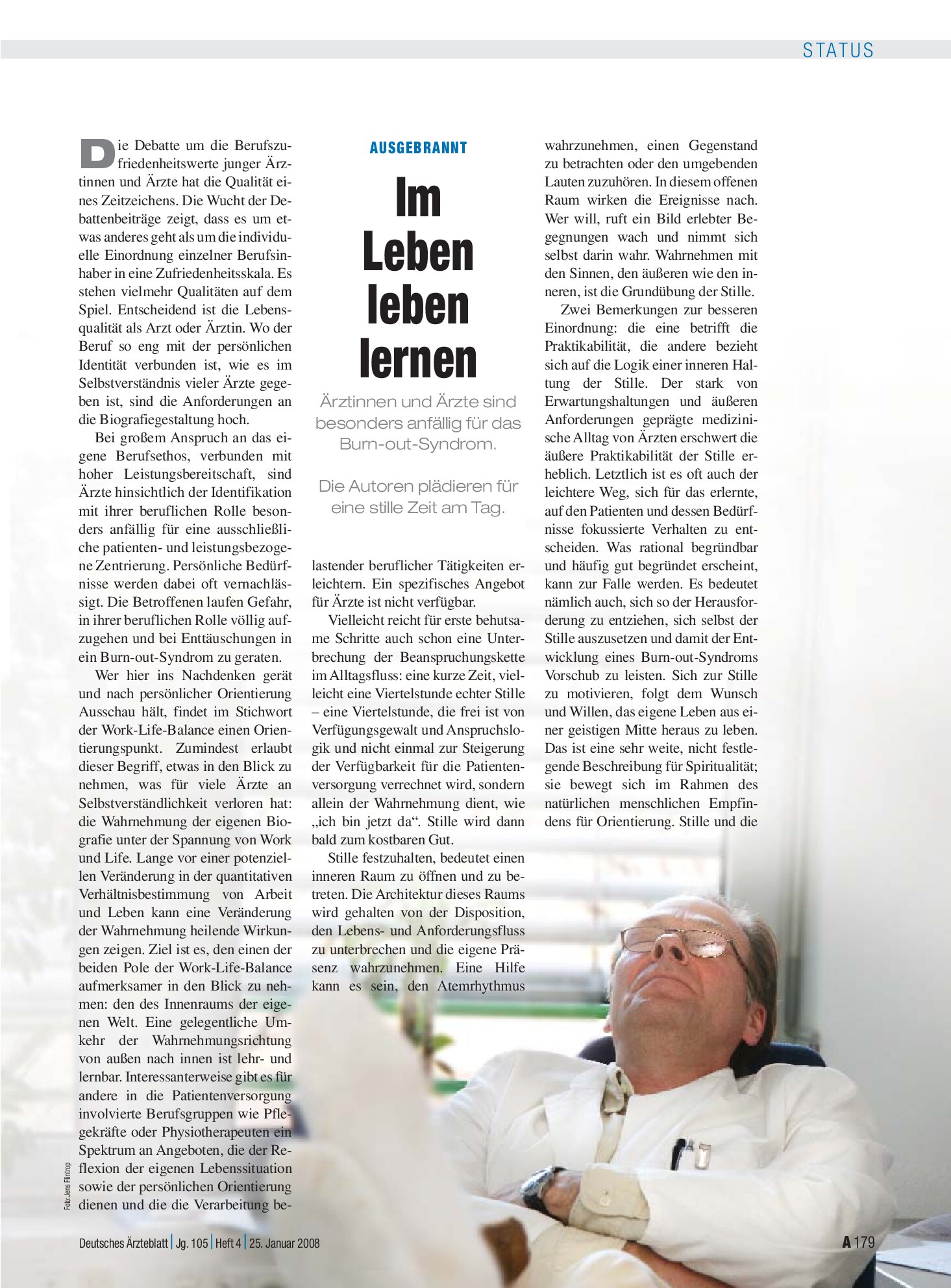 Vorschauseite 1: Ausgebrannt: Im Leben leben lernen – Deutsches Ärzteblatt
