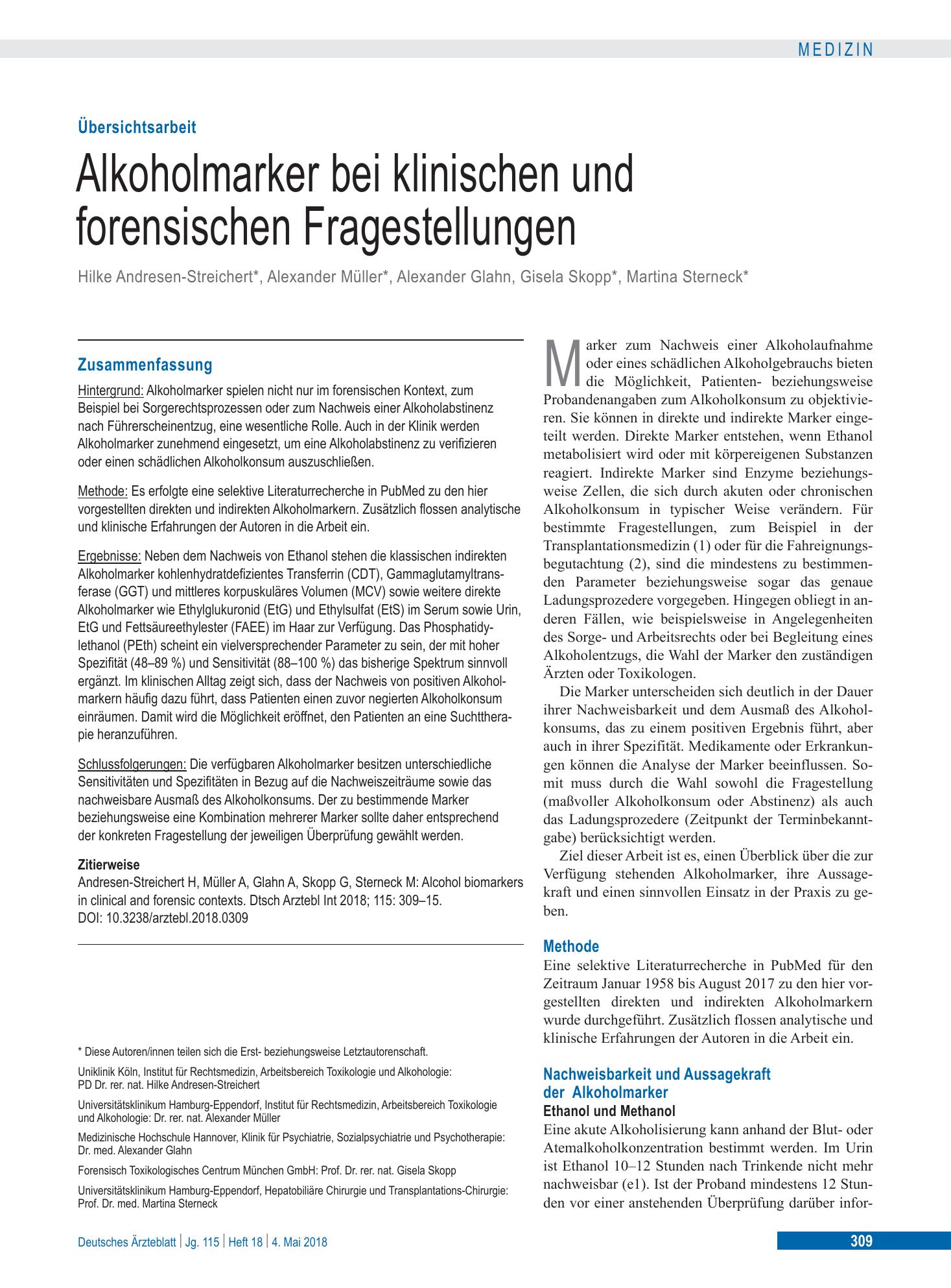 Vorschauseite 1: Alkoholmarker bei klinischen und forensischen Fragestellungen – Deutsches Ärzteblatt