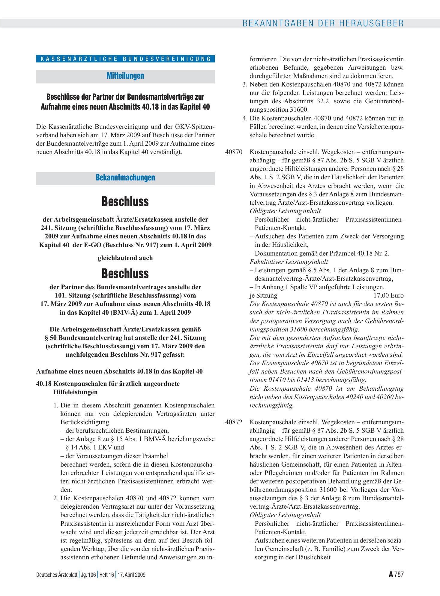 Vorschauseite 1: Beschlüsse der Partner der Bundesmantelverträge zur Aufnahme eines neuen Abschnitts 40.18 in das Kapitel 40 – Deutsches Ärzteblatt
