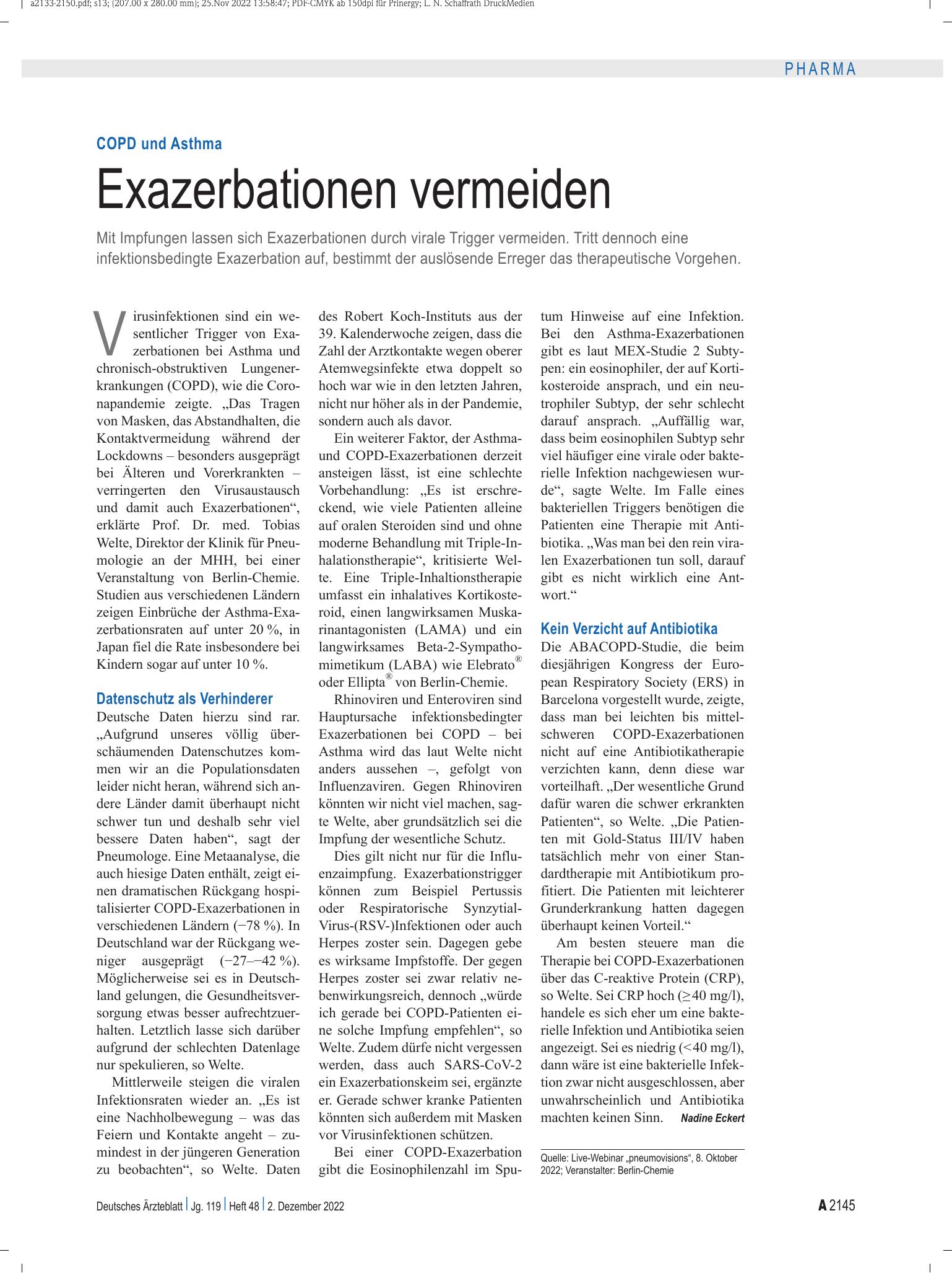 Vorschauseite 1: COPD und Asthma: Exazerbationen vermeiden – Deutsches Ärzteblatt