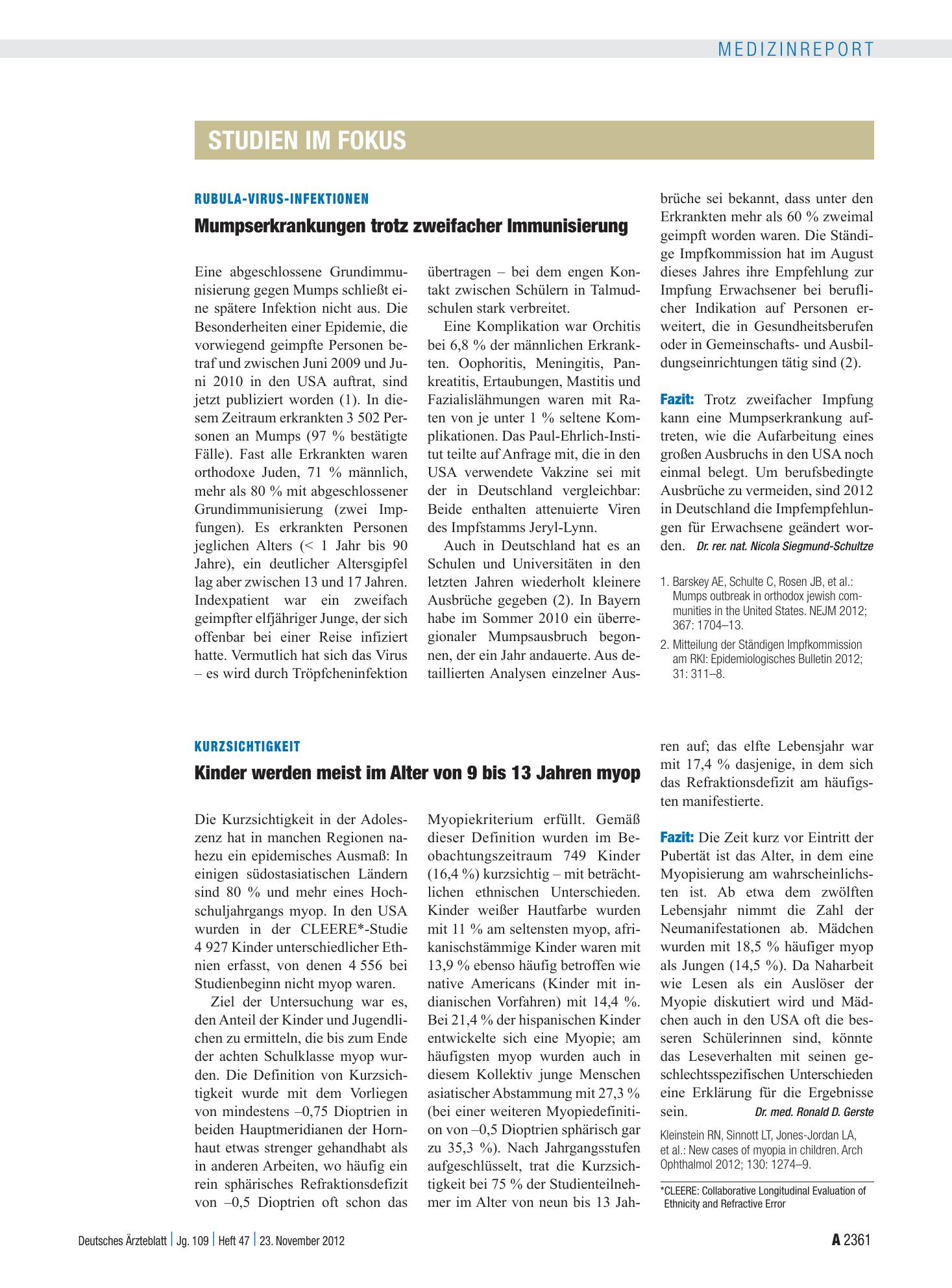 Vorschauseite 1: Kurzsichtigkeit: Kinder werden meist im Alter von 9 bis 13 Jahren myop – Deutsches Ärzteblatt