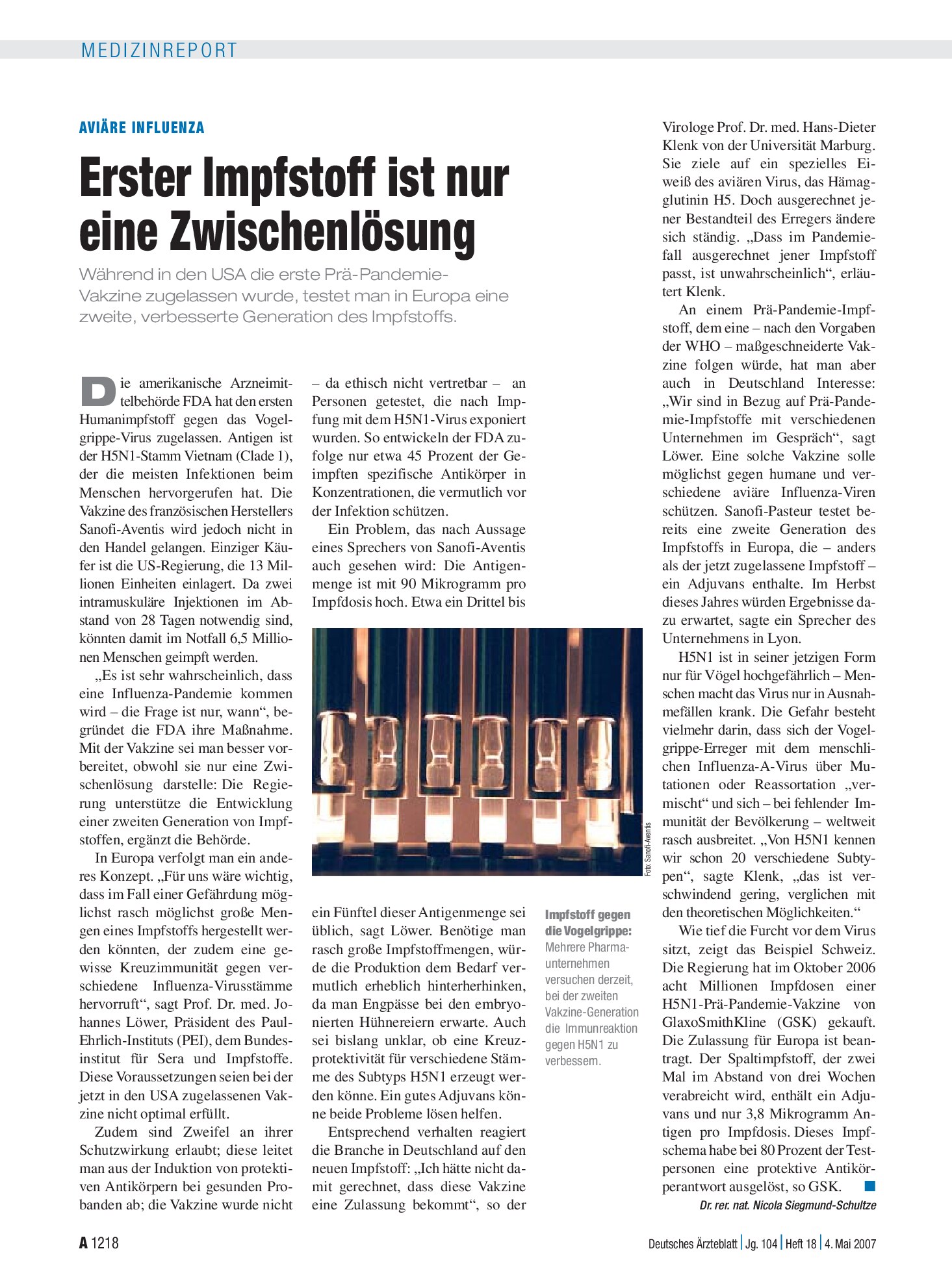 Vorschauseite 1: Aviäre Influenza: Erster Impfstoff ist nur eine Zwischenlösung – Deutsches Ärzteblatt