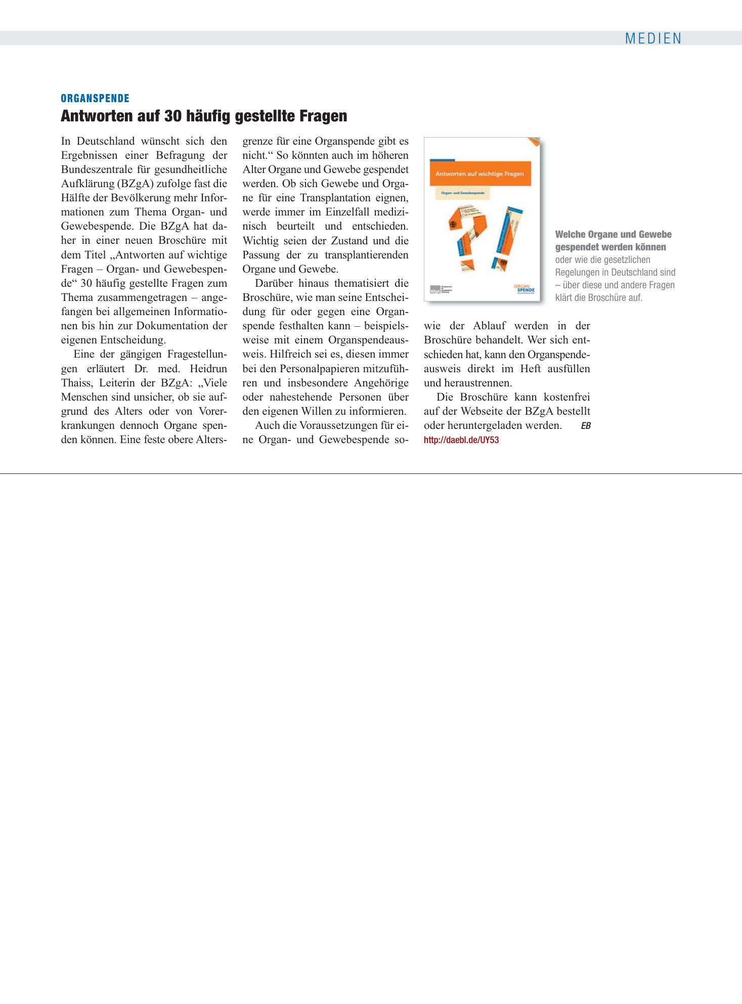 Vorschauseite 1: Organspende: Antworten auf 30 häufig gestellte Fragen – Deutsches Ärzteblatt