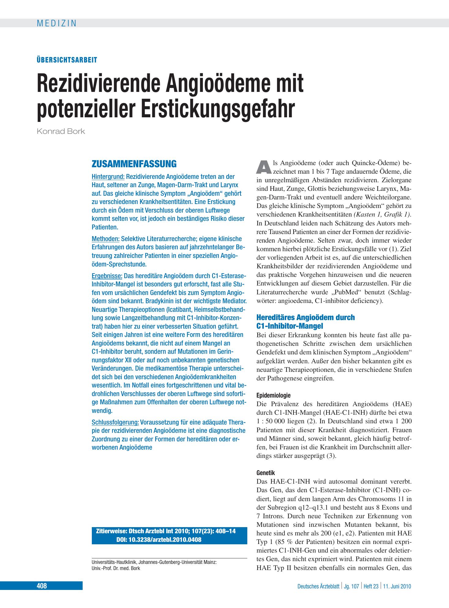 Vorschauseite 1: Rezidivierende Angioödeme mit potenzieller Erstickungsgefahr – Deutsches Ärzteblatt