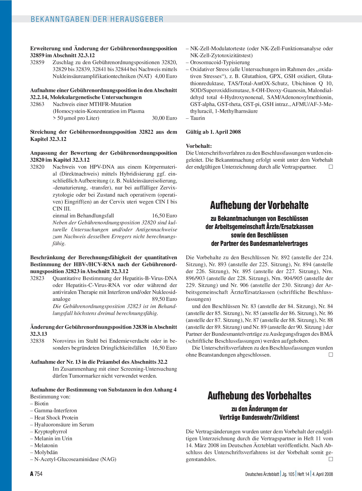 Vorschauseite 1: Aufhebung des Vorbehaltes: zu den Änderungen der Verträge Bundeswehr/Zivildienst – Deutsches Ärzteblatt