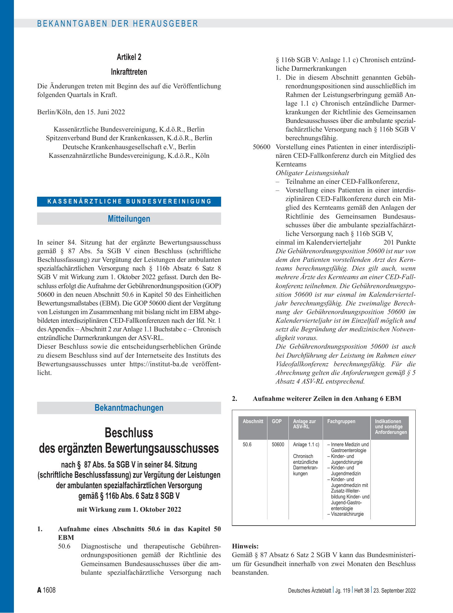 Vorschauseite 1: Beschluss des ergänzten Bewertungsausschusses nach § 87 Abs. 5a SGB V in seiner 84. Sitzung (schriftliche Beschlussfassung) zur Vergütung der Leistungen der ambulanten spezialfach…