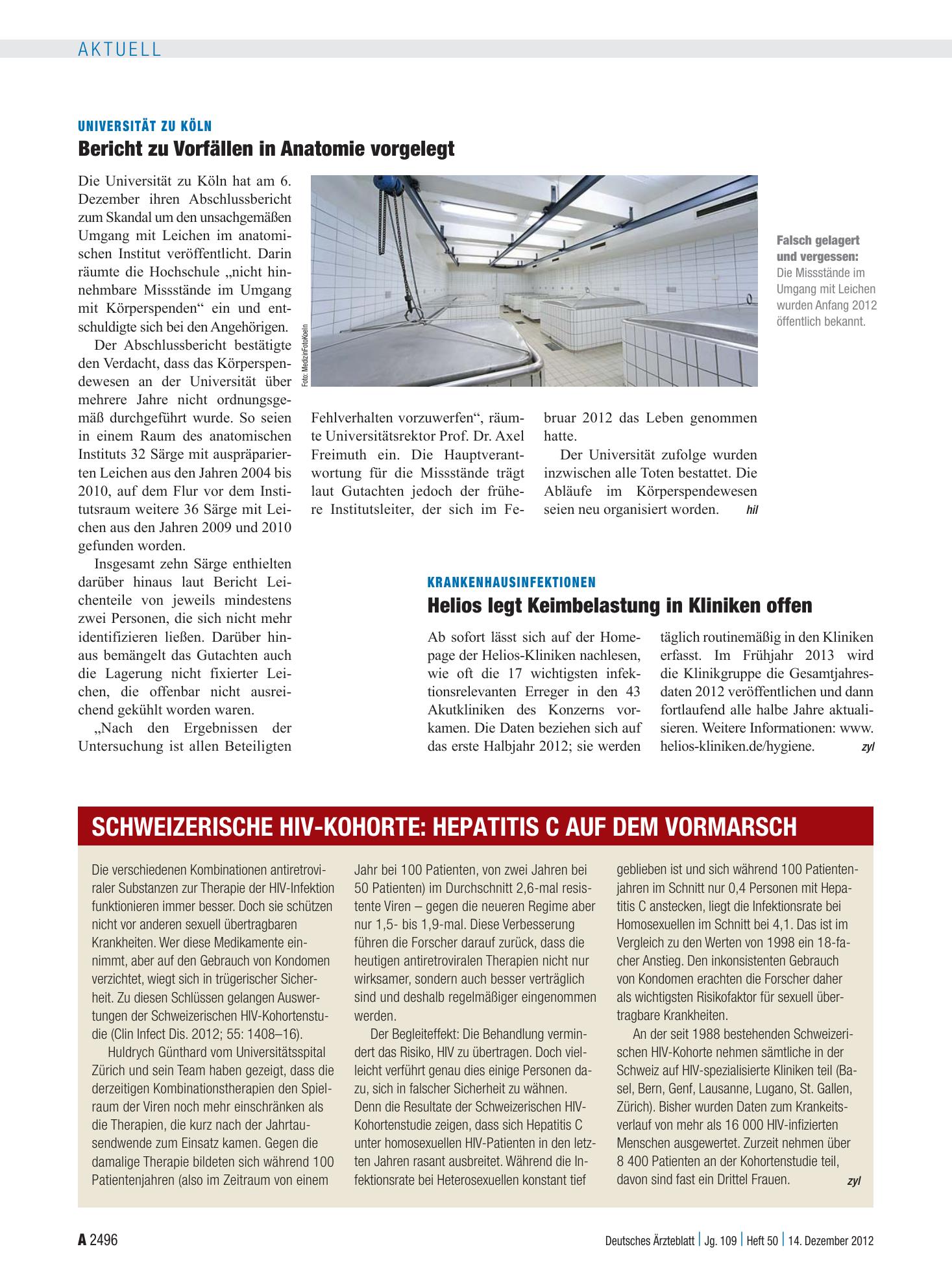 Vorschauseite 1: Universität zu Köln: Bericht zu Vorfällen in Anatomie vorgelegt – Deutsches Ärzteblatt